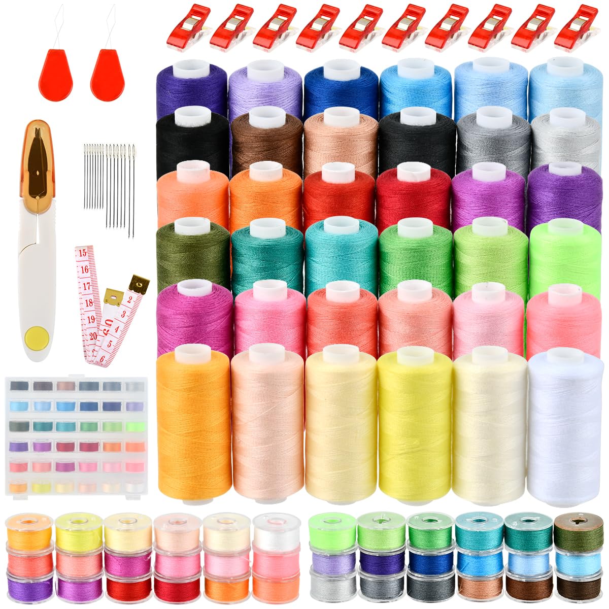 Sewing Thread Bobbins Set 103PCS, 700 Yard Polyester Sewing Thread Spools for Sewing Machine 36Colors, Longer Prewound Sewing Machine Thread with Bobbins Case for Brother Singer Janome Overlock Sewing