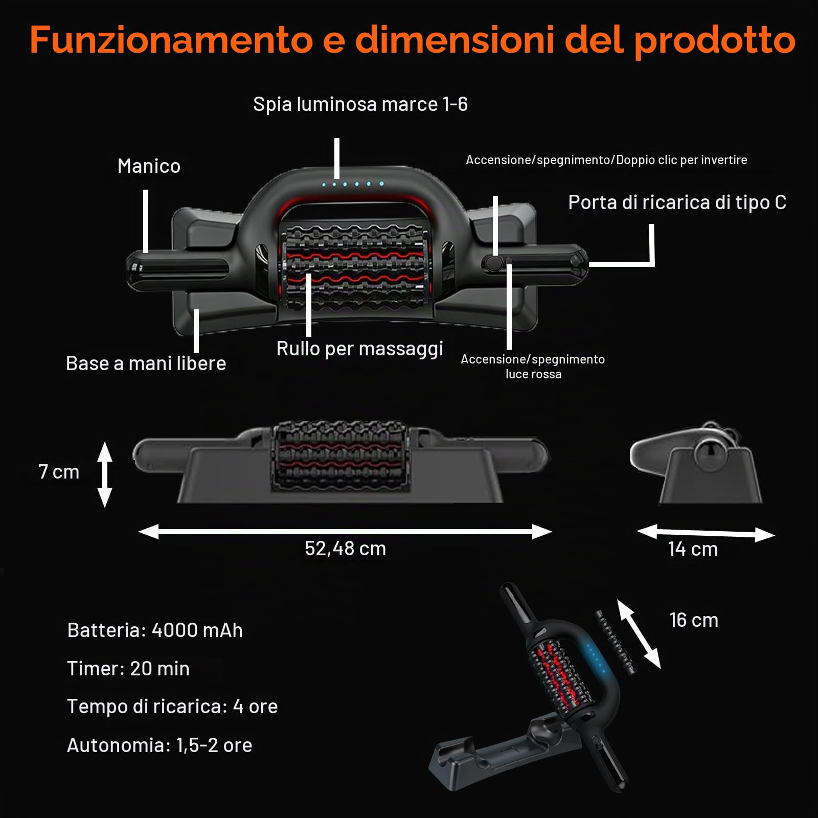 Massaggiatore Elettrico a Rullo Manuale con Redlight - 6 Velocità – Schiena, Gambe, Braccia, Polpacci, Piedi – Drenaggio linfatico, Recupero Muscolare