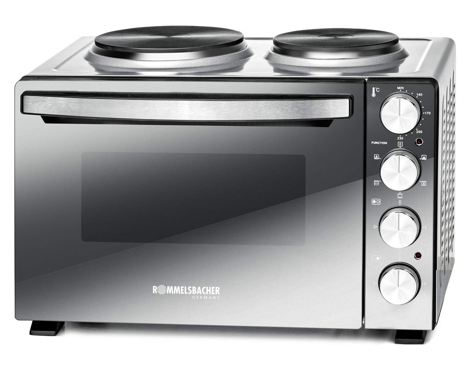 ROMMELSBACHER KLEINKÜCHE KM 3300-2 Gussheizplatten, 30 Liter Backraum, Oberhitze, Unterhitze, Umluft, Drehspieß, 3 Einschubebenen, Doppelverglasung, Spiegelglas-Front, 3250 Watt, silber/schwarz