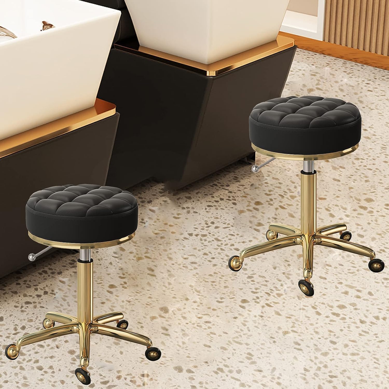 Sgabello girevole con ruote, girevole, girevole, per salone di bellezza e spa, altezza 44-55 cm, base con 5 cls