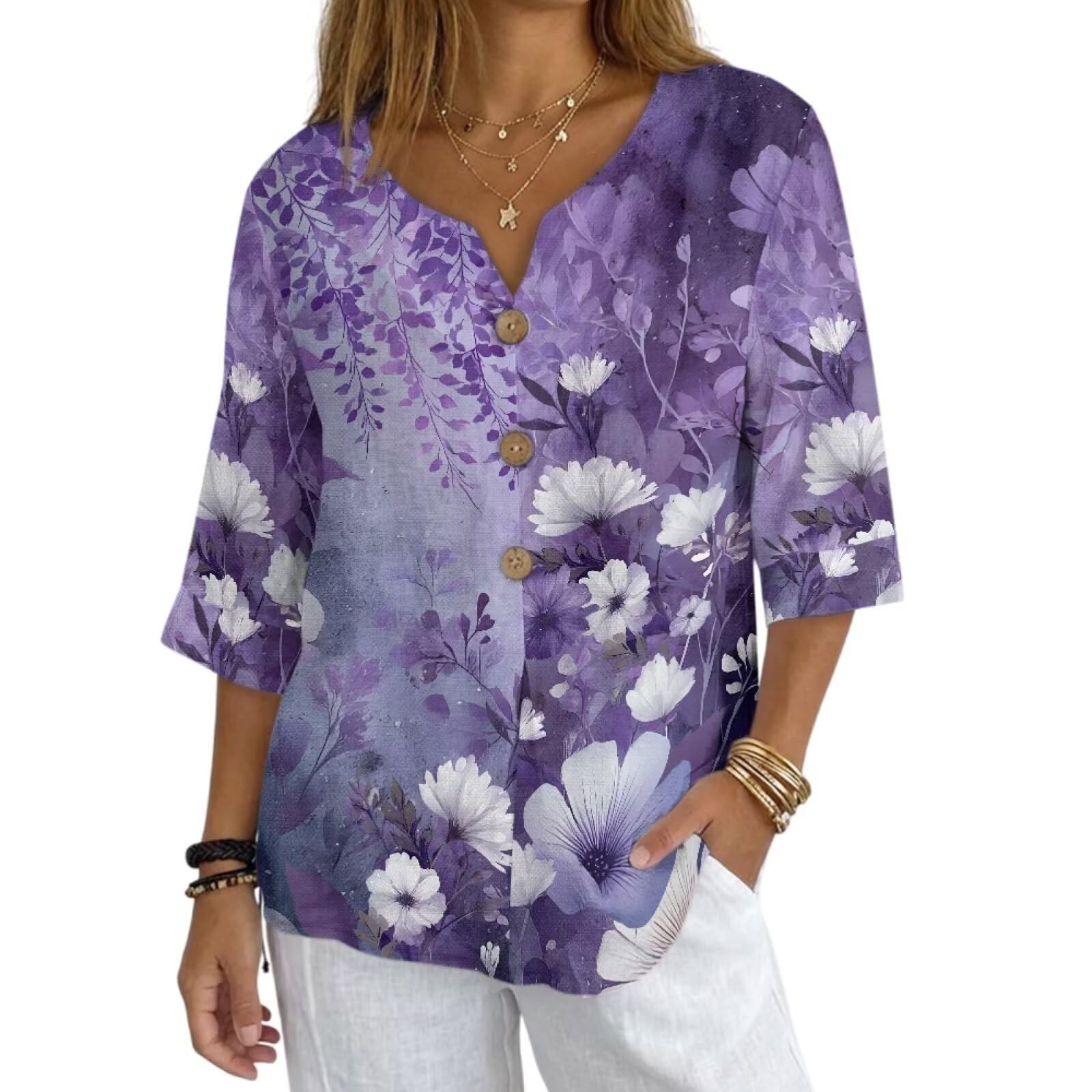 Women's V-Neck Tunic Top, Casual Polyester Linen Blouse with Decorative Buttons, Loose Fit Easy Care Everyday Wear