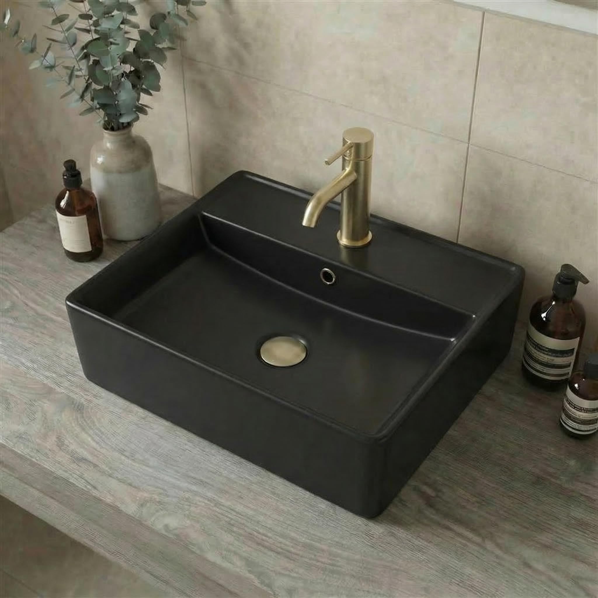 Affine® Countertop Basin for Bathroom and Cloakroom Hand Wash Basins Sink One Tap Hole Modern Matt Black Rectangular 505 x 352mm