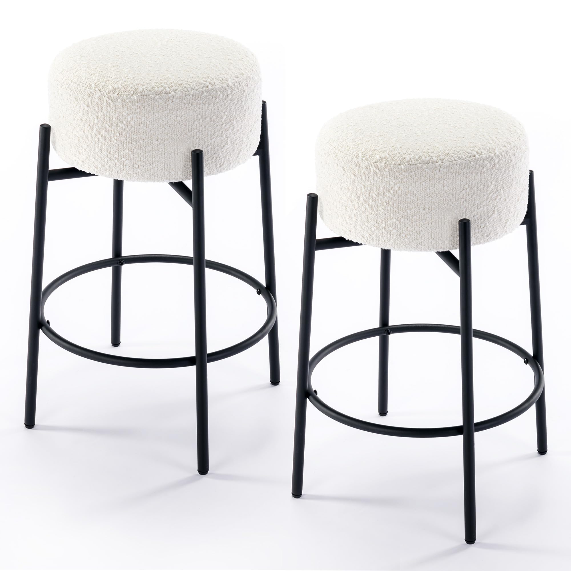 26.7" Backless Swivel Bar Stools Counter Height, Mid Century Modern Boucle Bar Stool with Round Padded Seat, Modern Kitchen Stools with Metal Legs for Island, Set of 2, White