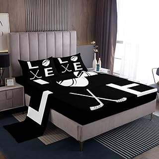 Castle Fairy Ice Hockey Sheet Set,Kids Winter Sports Games Bed Sheets Set,Stick and Puck Bedding Set for Boys Teens Sheets Soft Room Decor Twin Size(1 Flat Sheet+1 Fitted Sheet+1 Pillowcase)