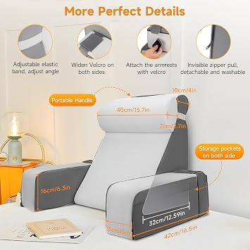Reading Pillow for Adults, Back Pillow for Bed Sitting Up, Backrest Cushion for Sitting in Bed, Solid Foam Reading Cushion with Detachable Arms, Back Support Pillow for Relaxing, Gaming, Watching TV