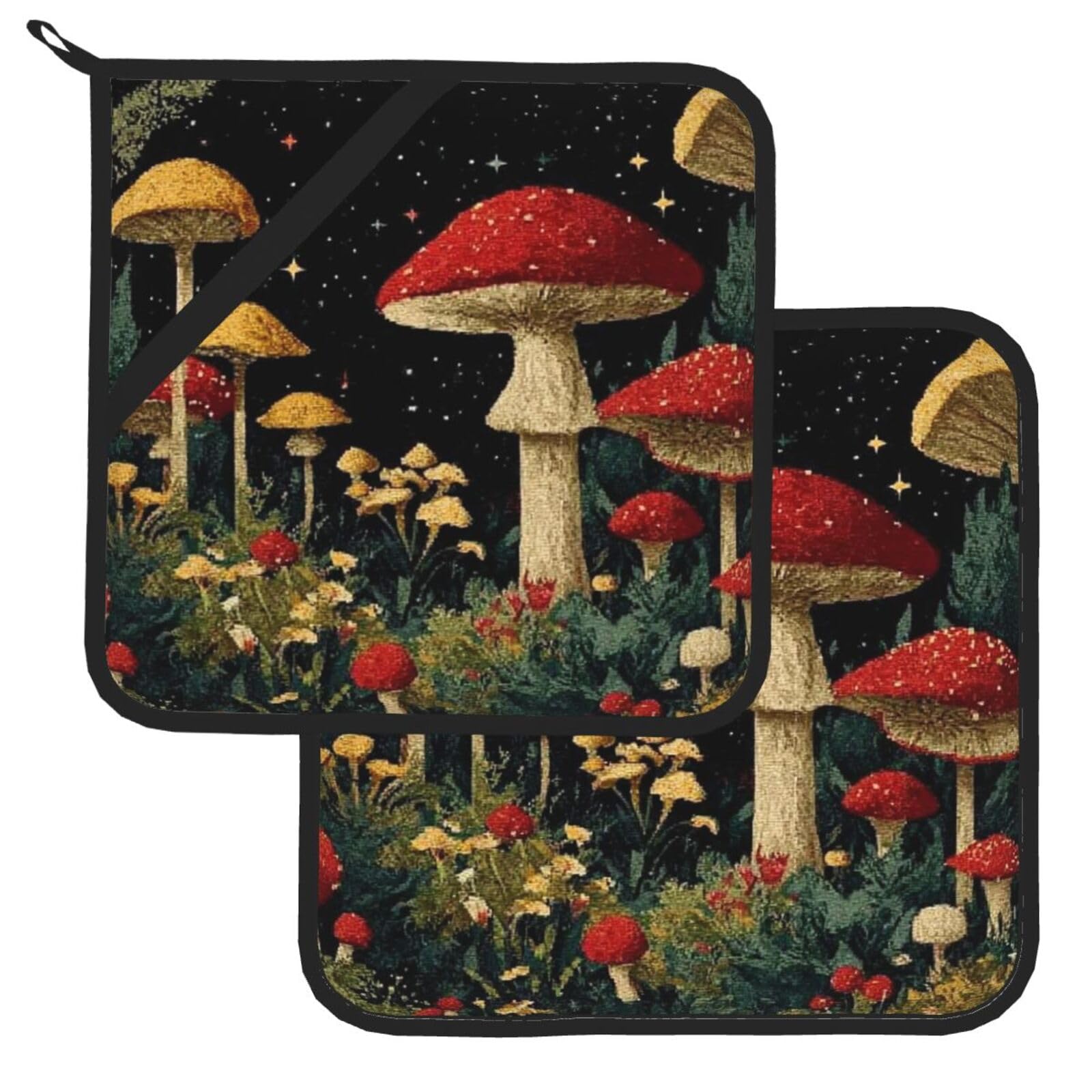 Pot Holder Set of 2 Heat Resistant Potholders Mushroom Print Pot Holders Non Slip Kitchen Trivets Cooking Hot Potholder Washable Oven Mitts Oven Hot Pads for Kitchen Baking BBQ