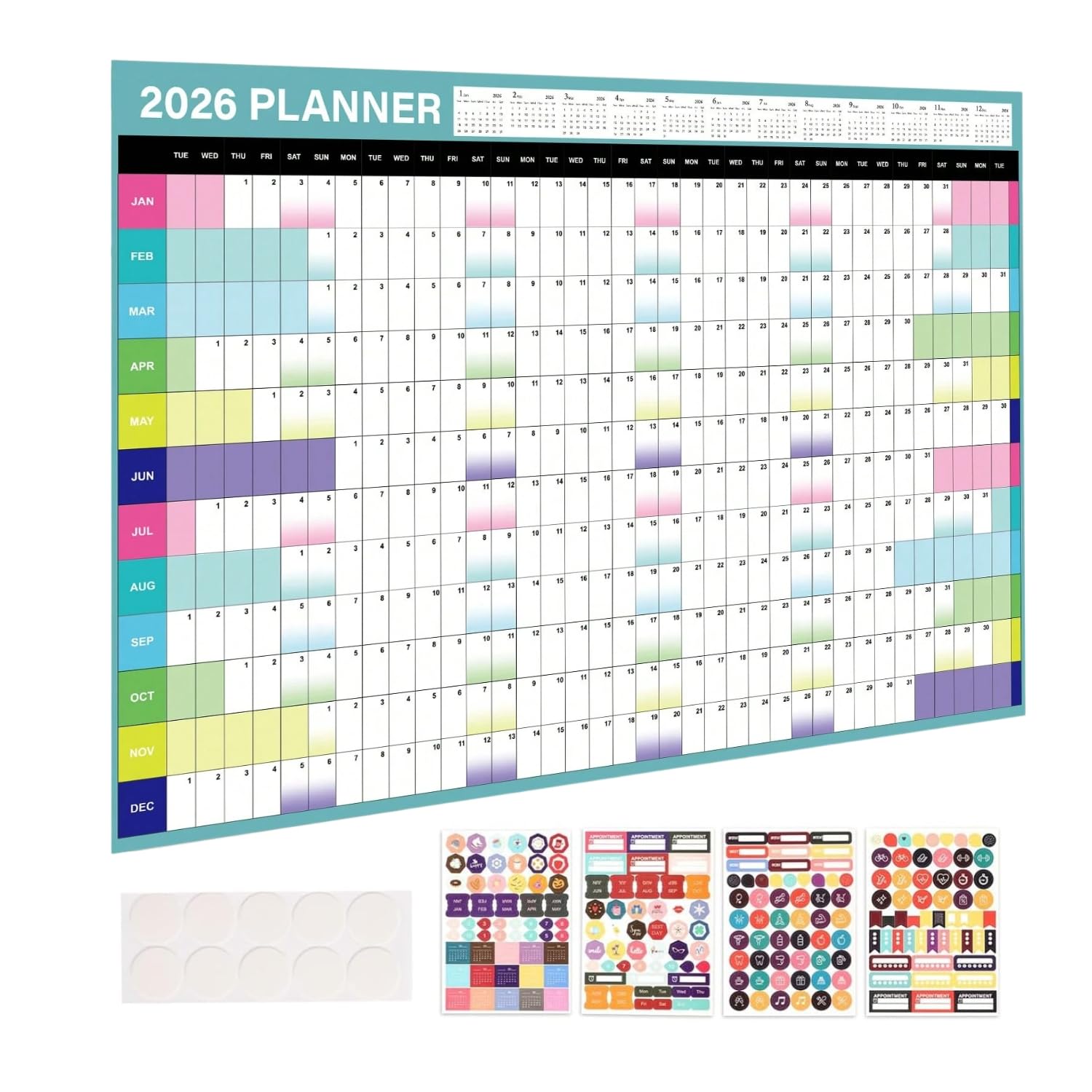 Flavizo 2026 Wall Calendar Green | Hanging Yearly & Monthly Planner | Aesthetic Static Paper Wall Planner with Stickers | Large Calendar for Home, Office, Study & Classroom