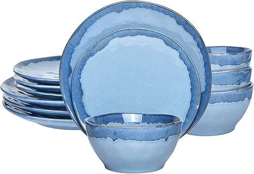 Bosmarlin Juego de vajilla de cerámica, servicio para 4, 12 piezas, apto para microondas y lavavajillas, esmalte reactivo (azul verde)