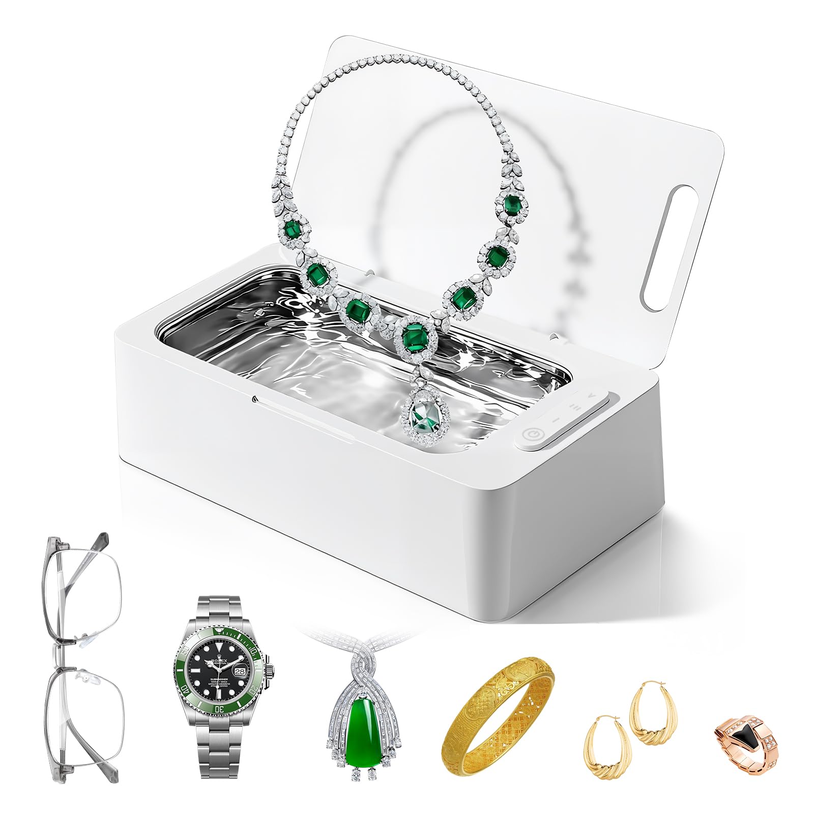 Ultrasonic Jewelry Cleaner Pro for Silver，Eyeglasses, Rings, Retainers, Dentures，Watch Strap, 3 Timer Modes，450ml Capacity (White)