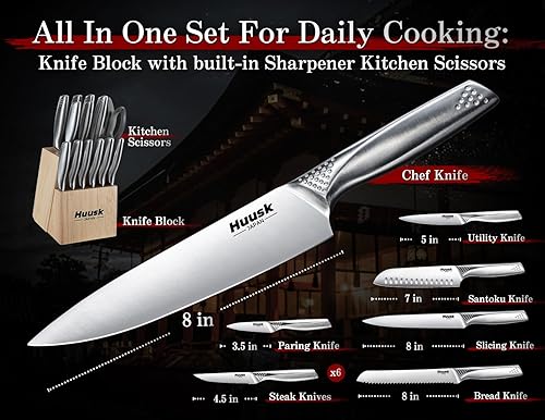 Miniatura 5 de Huusk Juego de cuchillos con bloque y afilador, juego de cuchillos profesionales de plata afilada con caja para cocina, cuchillo de chef de 8