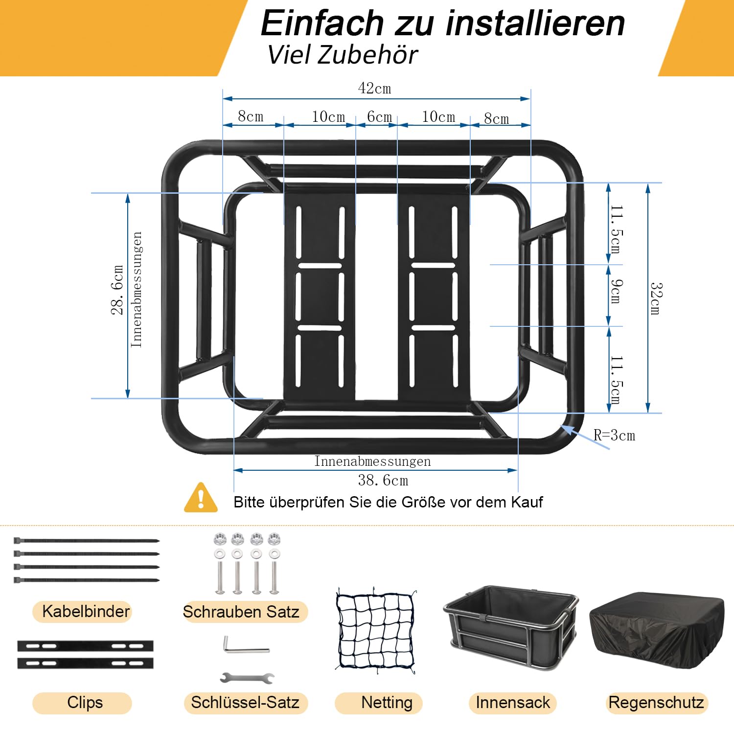 Panier de vélo arrière, grand panier de vélo Pro en métal à l'arrière, panier de vélo robuste porte-bagages arrière pour la plupart des vélos et vélos électriques pour les randonnées à vélo
