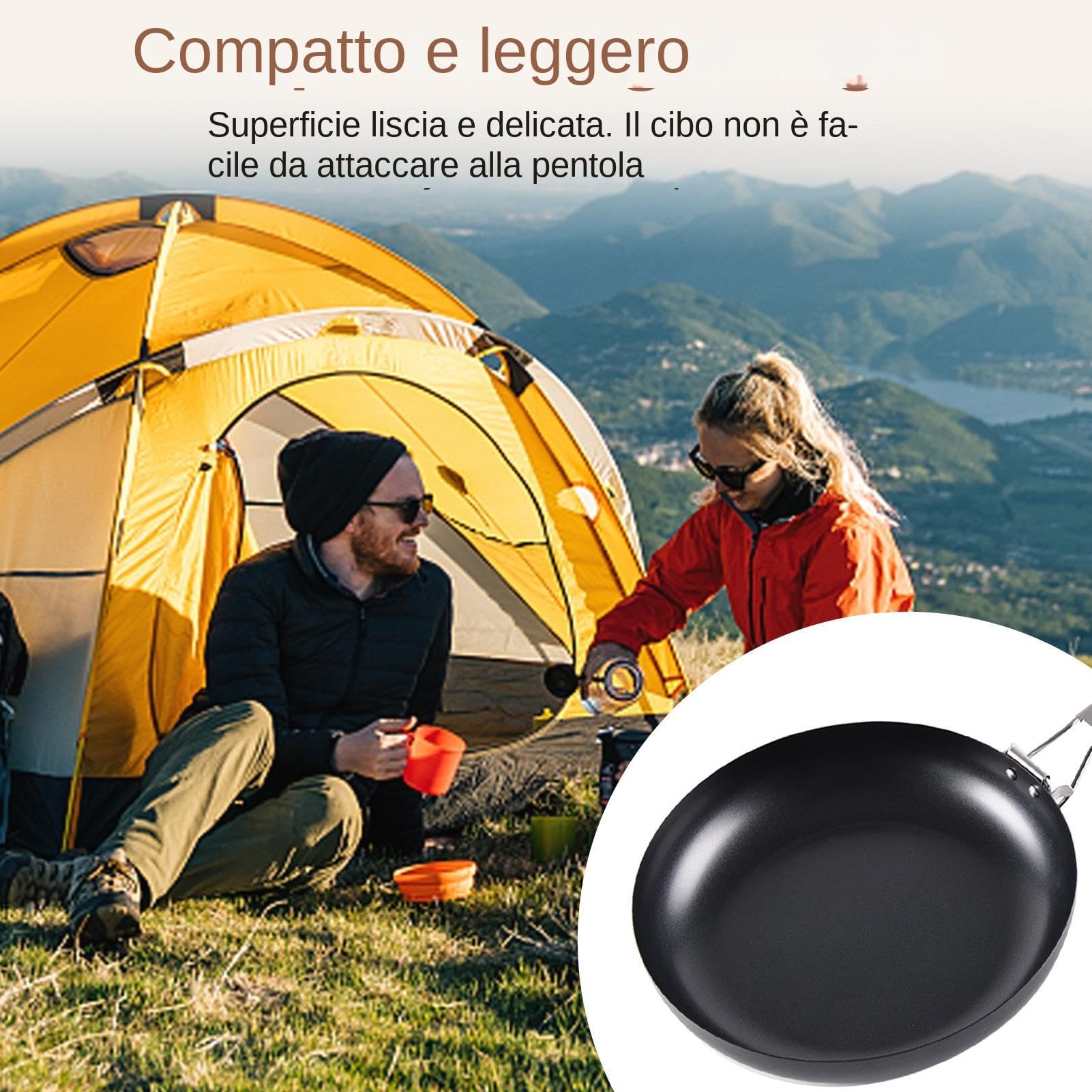 Padella Pieghevole per Esterni, Antiaderente, Rotonda, 24 cm, Nero, Lavabile in Lavastoviglie, Adatta per Campeggio e Picnic