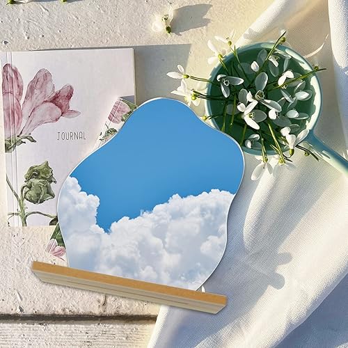 Miniatura 4 de Espejo de tocador estético irregular, espejo de mesa decorativo de acrílico sin marco con soporte de madera, espejo de maquillaje funky para sala de
