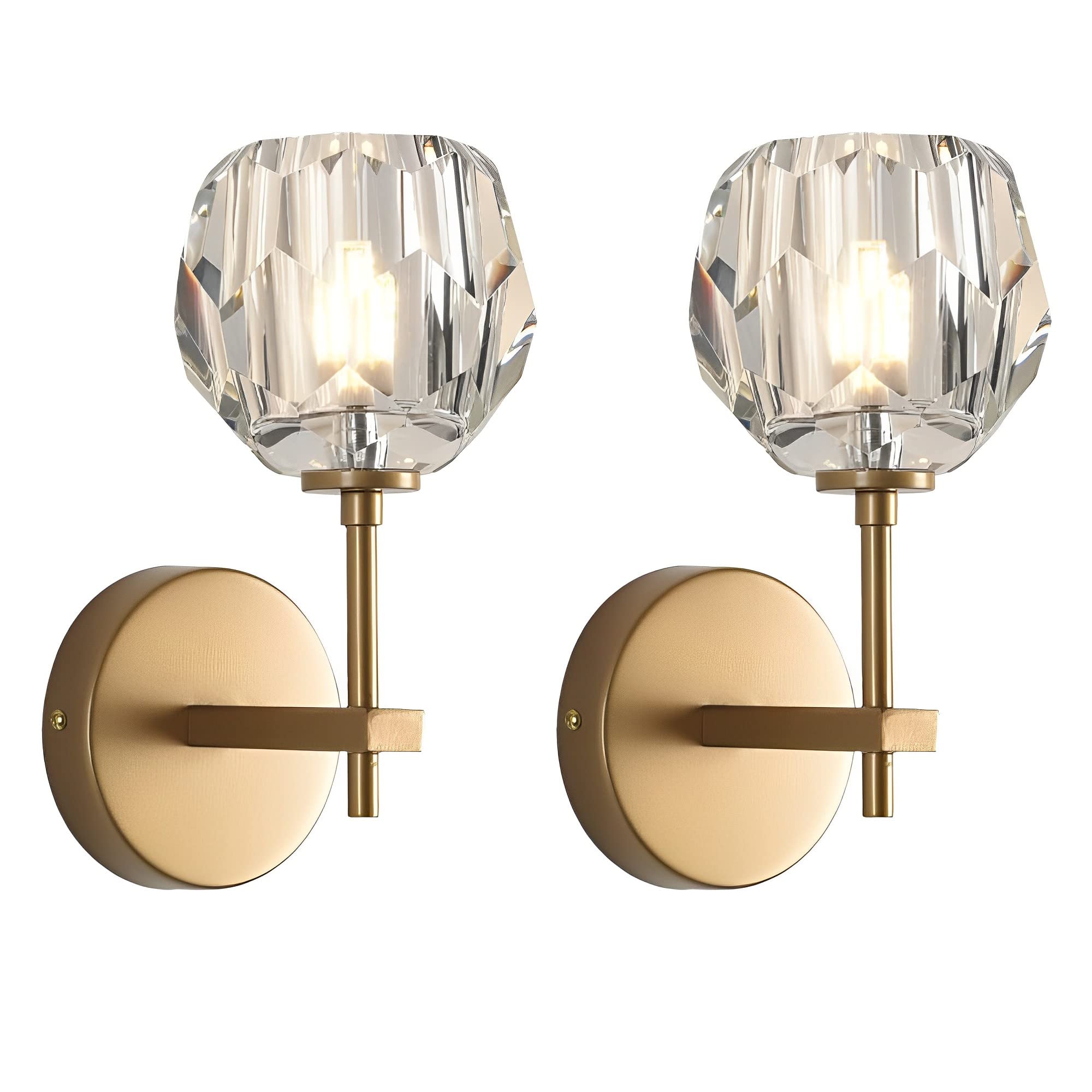 MESOVFCA Brushed Brass Crystal Wall Sconce, Modern Antique Brass Wall Lamp Lighting, Golden Mid Century Vanity Wall Light for Living Room Bathroom Bedroom Hallway,2pack