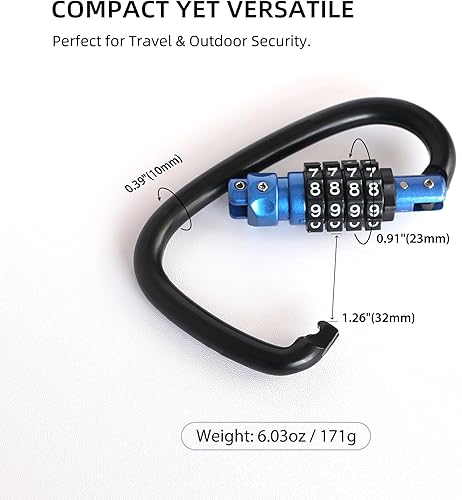 Miniatura 3 de UP Security Clips de bloqueo de mosquetón con cerradura de combinación, anillo D de 4 dígitos resistente, mosquetones de metal grandes, gancho