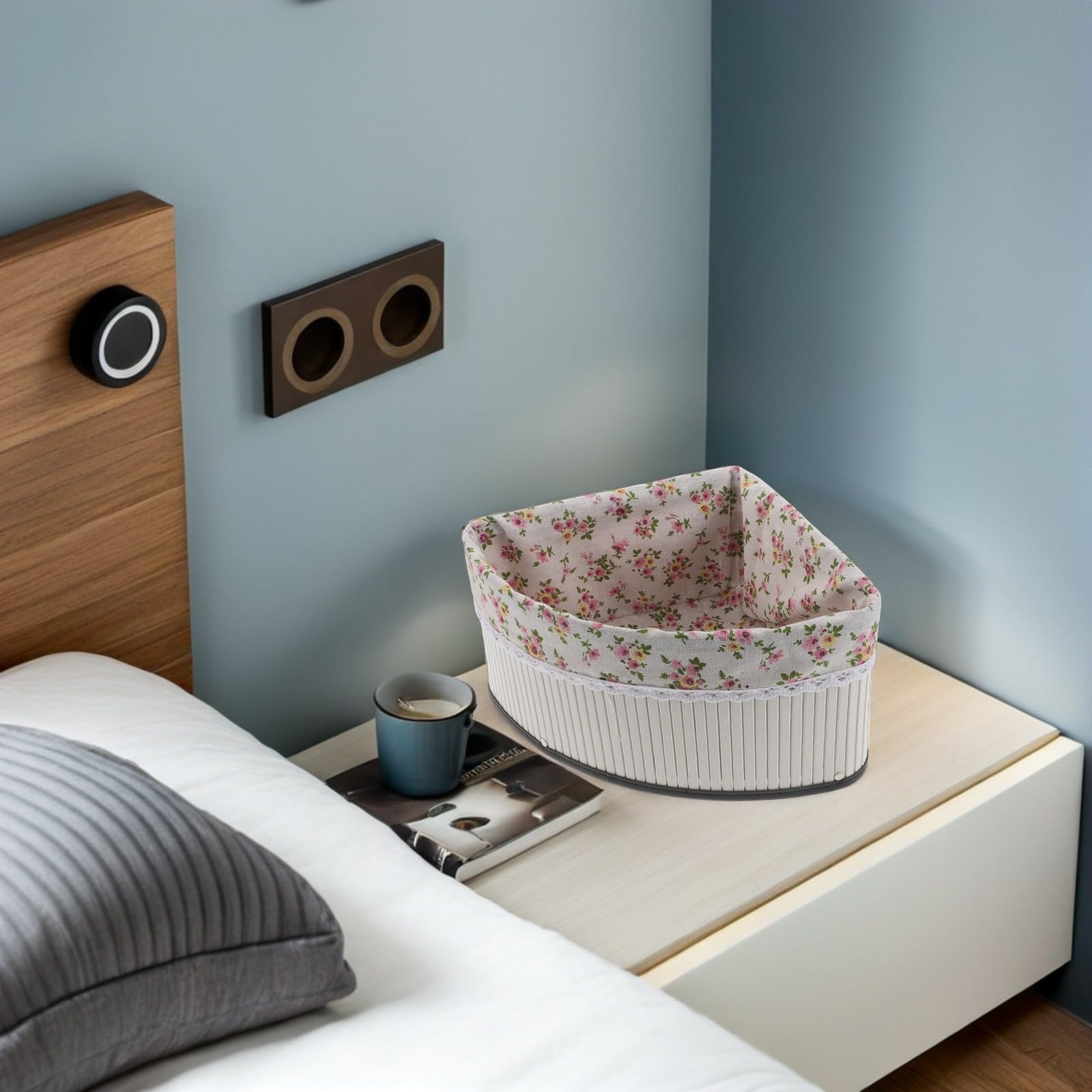 Cesta de Almacenamiento Pequeña con Diseño en Forma de Abanico Tejida a Mano de Bambú y Forro Lavable , Organizador Multiusos para Mesa y Rincón