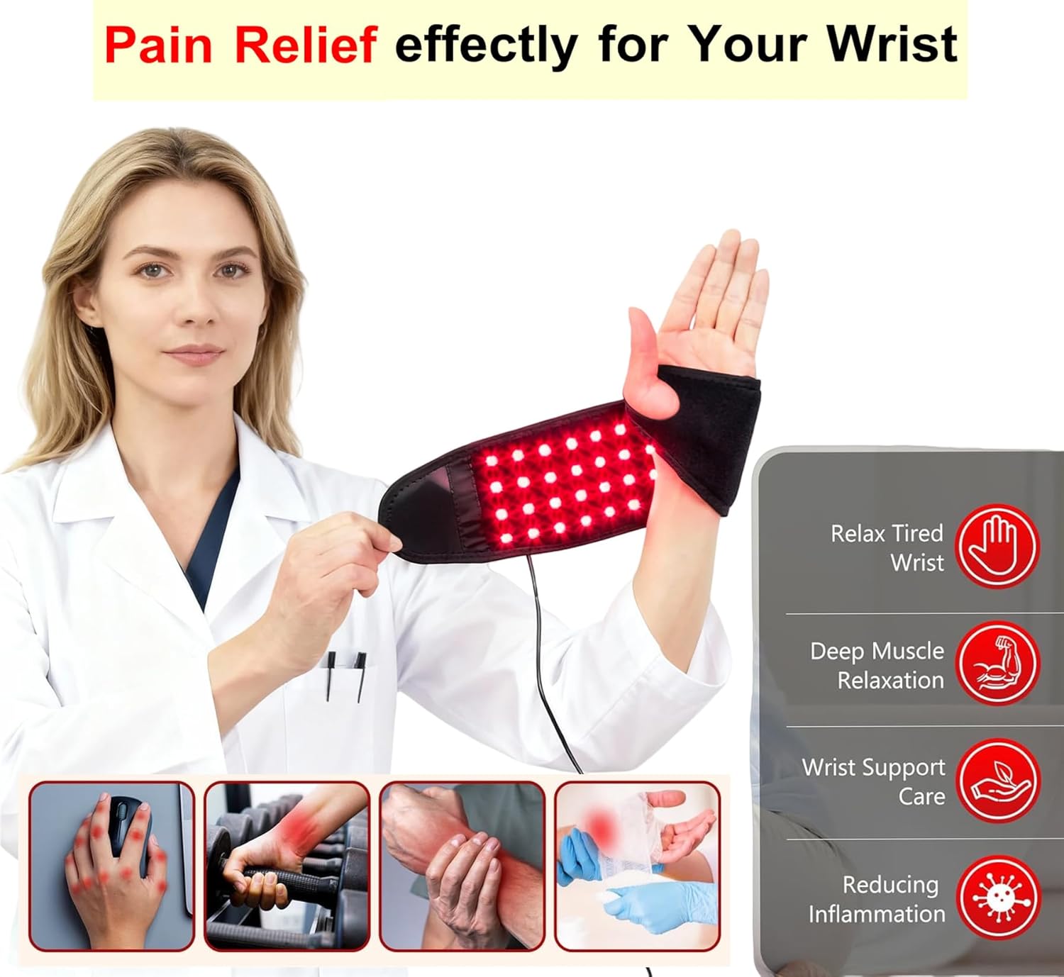 Red Light Therapy Wrist Wrap, 660nm Red Light 850nm Near Infrared Light Therapy for Hand Body,with 48 3-in-1 LED for Carpal Stiffness Recovery Hand Pain Relief - Image 2