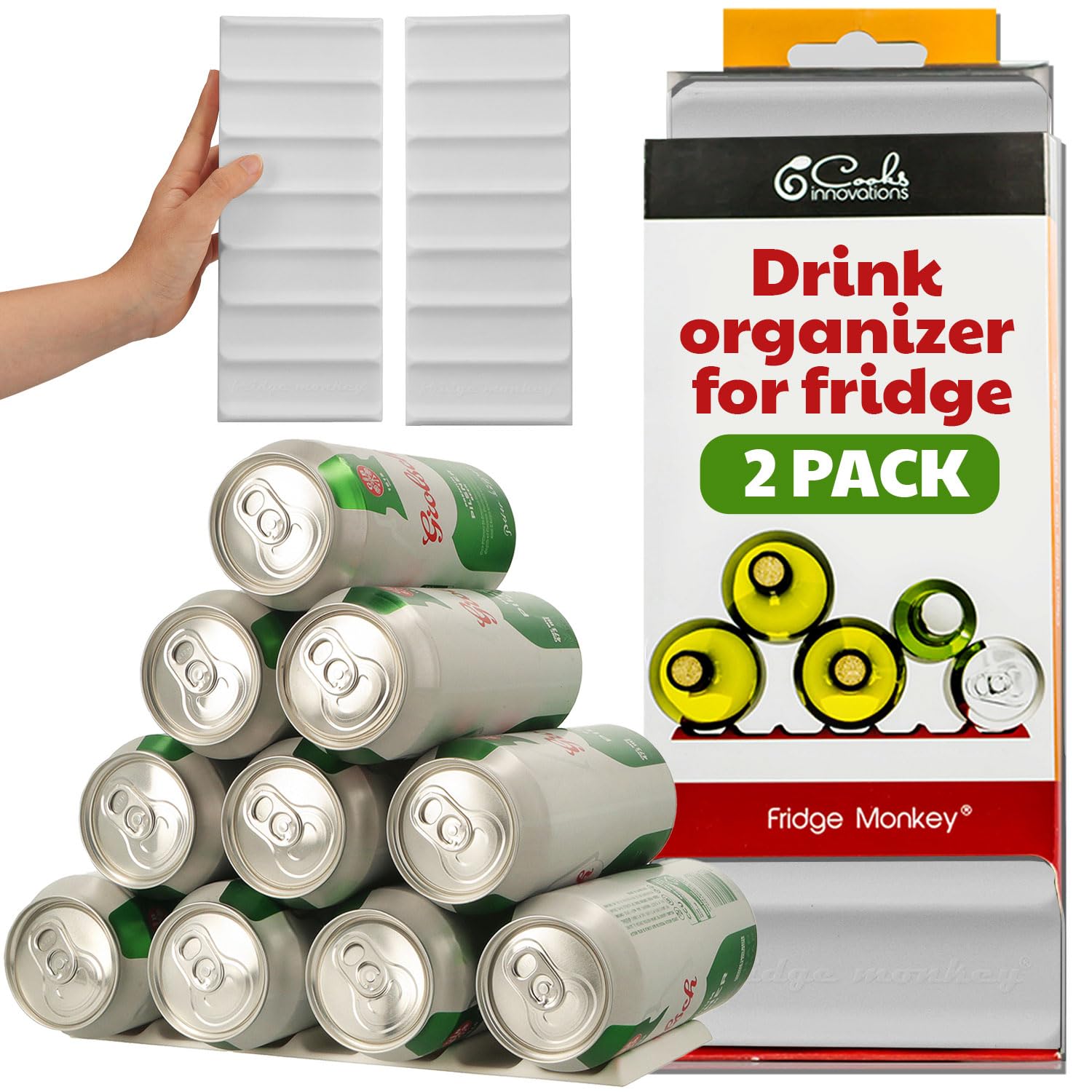 Cooks Innovations Drink Organizer for Fridge, Soda Can Refrigerator Organizers and Storage, Beer-Wine-Water Bottle Holder, Fridge Monkey - Durable