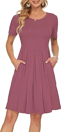 AUSELILY Women's Short Sleeve Pleated Loose Swing Casual Dress with Pockets Knee Length