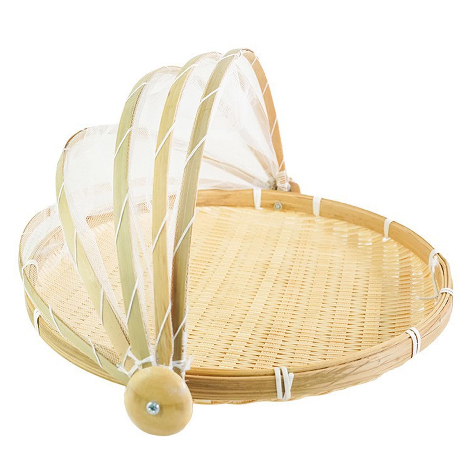 Tangqindianzi Bamboo Picnic Basket Fly Cover Food Bread Fruit Vegetable Round Bamboo Basket Food Cheese Cake Covers Gauze Mesh Food Bamboo Tent Cover Serving Basket (40Cm)