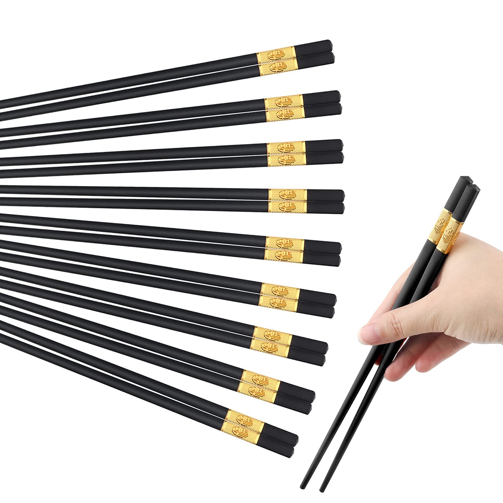KASTWAVE 10 Pairs Durable Non-Slip Black Alloy Chopsticks Set, Dishwasher-Safe, Reusable Non Slip Chopsticks Set, Luxurious Chinese Fu Chopsticks Gift Set 9.5 Inch