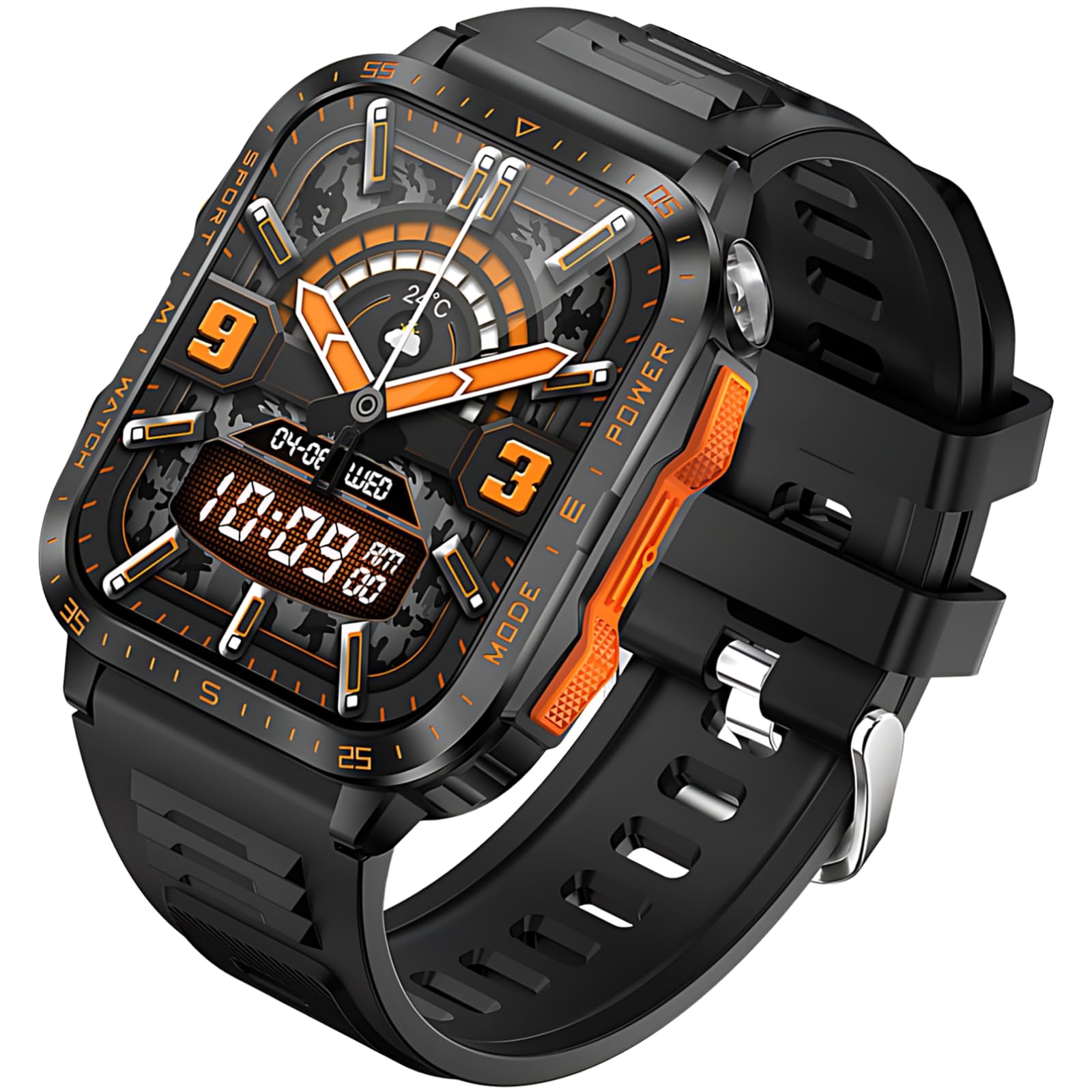 Orologio intelligente armato da uomo, KT79 Outdoor robusto indossabile, impermeabile IPX8-3ATM, torcia LED integrata, chiamata BT 5.3 wireless, monitoraggio della salute, durata della batteria di