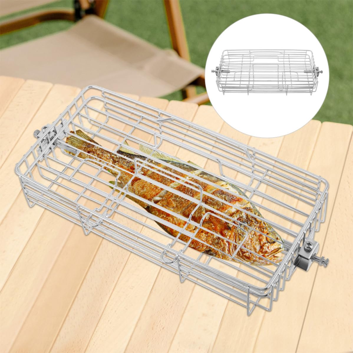 ULTECHNOVO Cestello per Barbecue Rotante Manico, in Acciaio Inox, Argento, Struttura Regolabile ed Espandibile, per Pesce e Carne, per Grigliate All'aperto e Picnic
