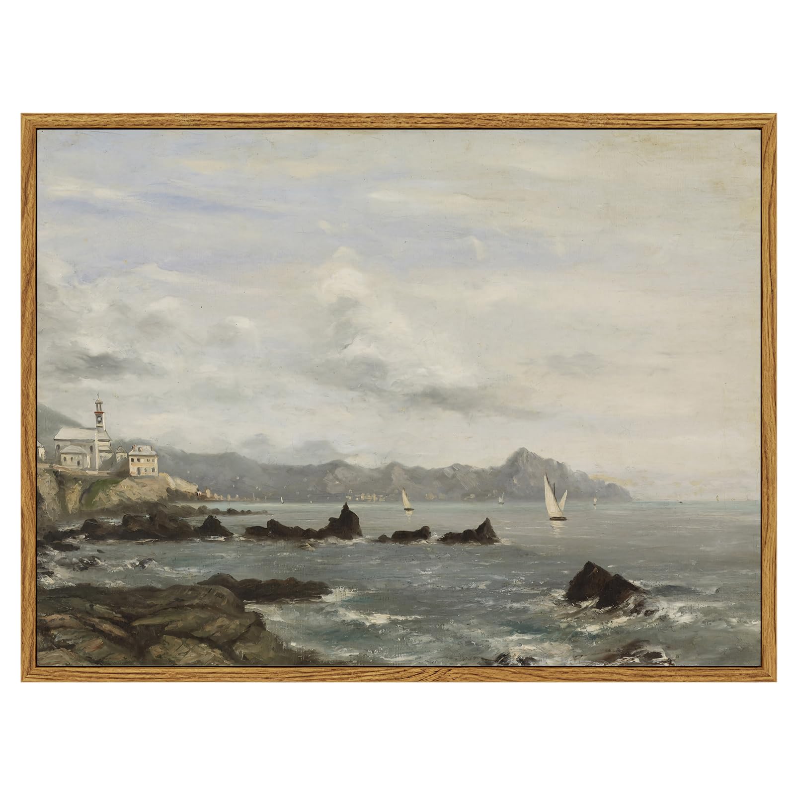 ARPEOTCY Vintage Framed Harbour Wall Art, Bedroom Beachy Room Coastal Port Landscape Pictures Decor, Canvas Prints Art, Summer Coastal Room Retro Decor, 12x16 Inch