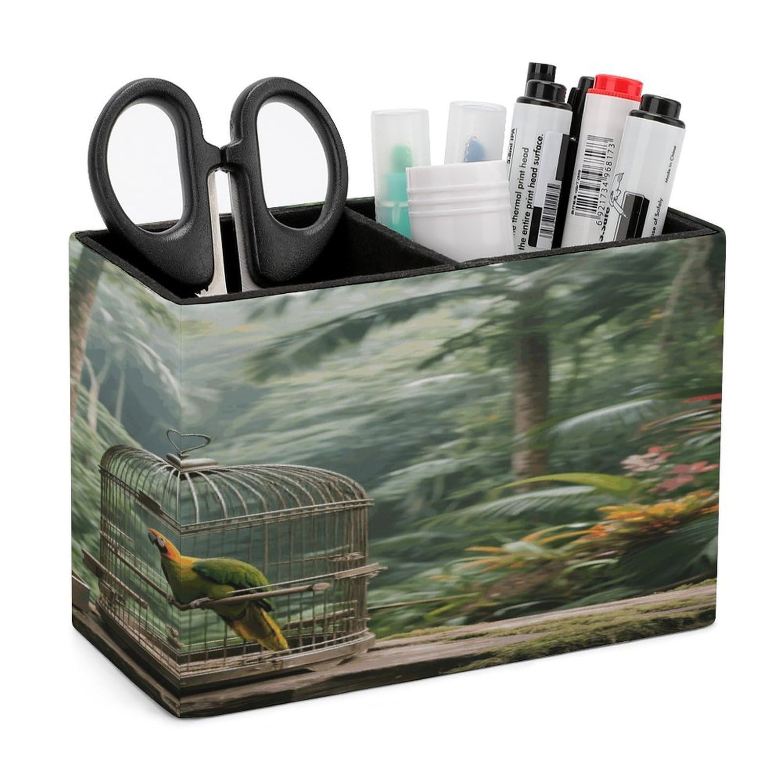 VstaDank Parrot in Rainforest Pencil Holder for Desk Organizer 2 Compartments Pen Cup Leather Square Pen Holder Pencil Cup Stand Makeup Brush Holders for Desktop Organizer Storage Case