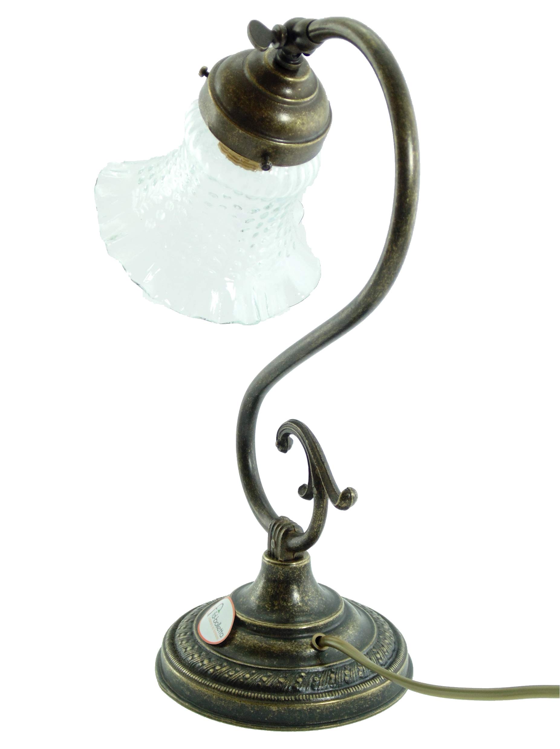 Lampada ottone da comodino,tavolo,scrivania,illuminazione per interni con paralume vetro trasparente s20 Misure:H 32cm,Ø vetro 14cm,Ø base 13cm