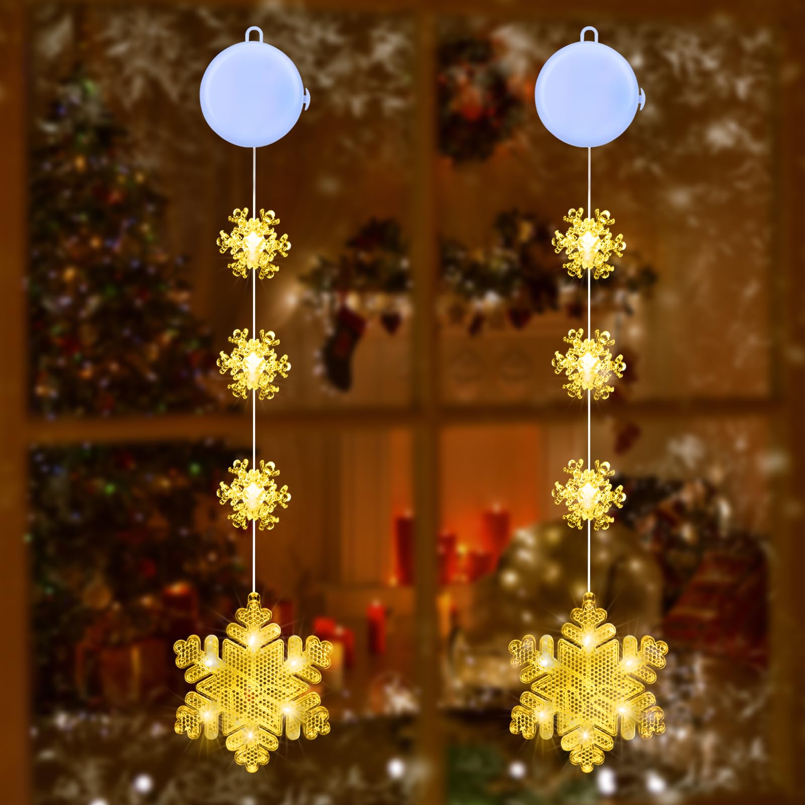 Qedertek Luces de Navidad - Cortina de Luces con Copo de Nieve a Pilas, 2 Modos, Temporizador, Blanco Calido, Ventana de Decoración para Interior Exterior Navidad Fiesta (2 Piezas)