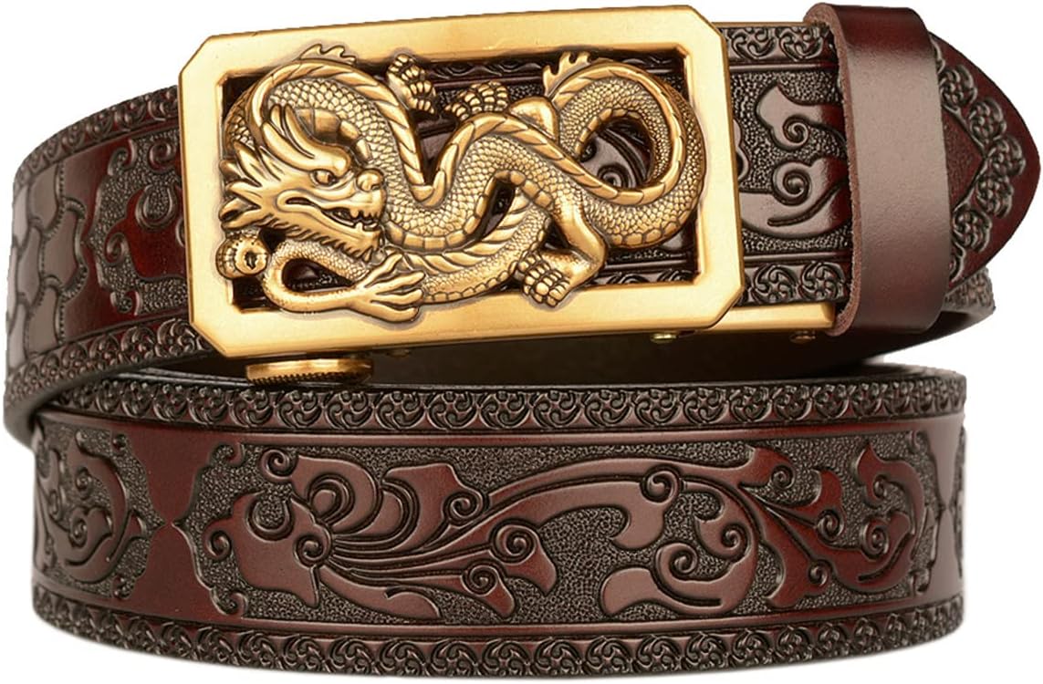 YIYIDANGSHI Men's Leather Ratchet Belt Crocodile Pattern Leather Belt without Buckle Retro Dragon Belt for Men, Dragon 4 Brown