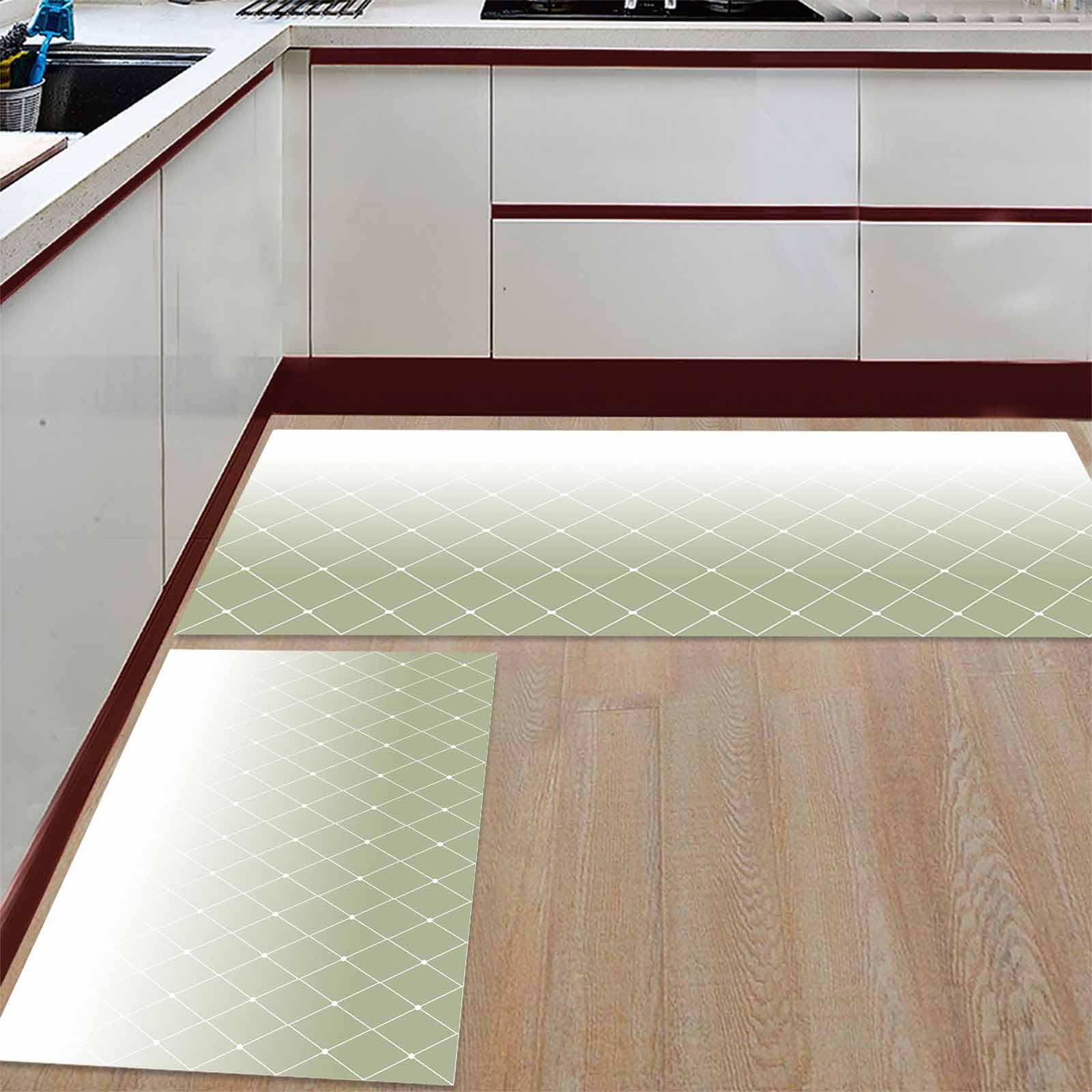 2 Pieces Kitchen Rugs and Mats,Sage Green Gradient Geometric Pattern Area Runner Rug Set Non Slip Floor Doormat Washable Carpet Standing Mat for Kitchen Sink Indoor Corridor,Abstract Diamond Point