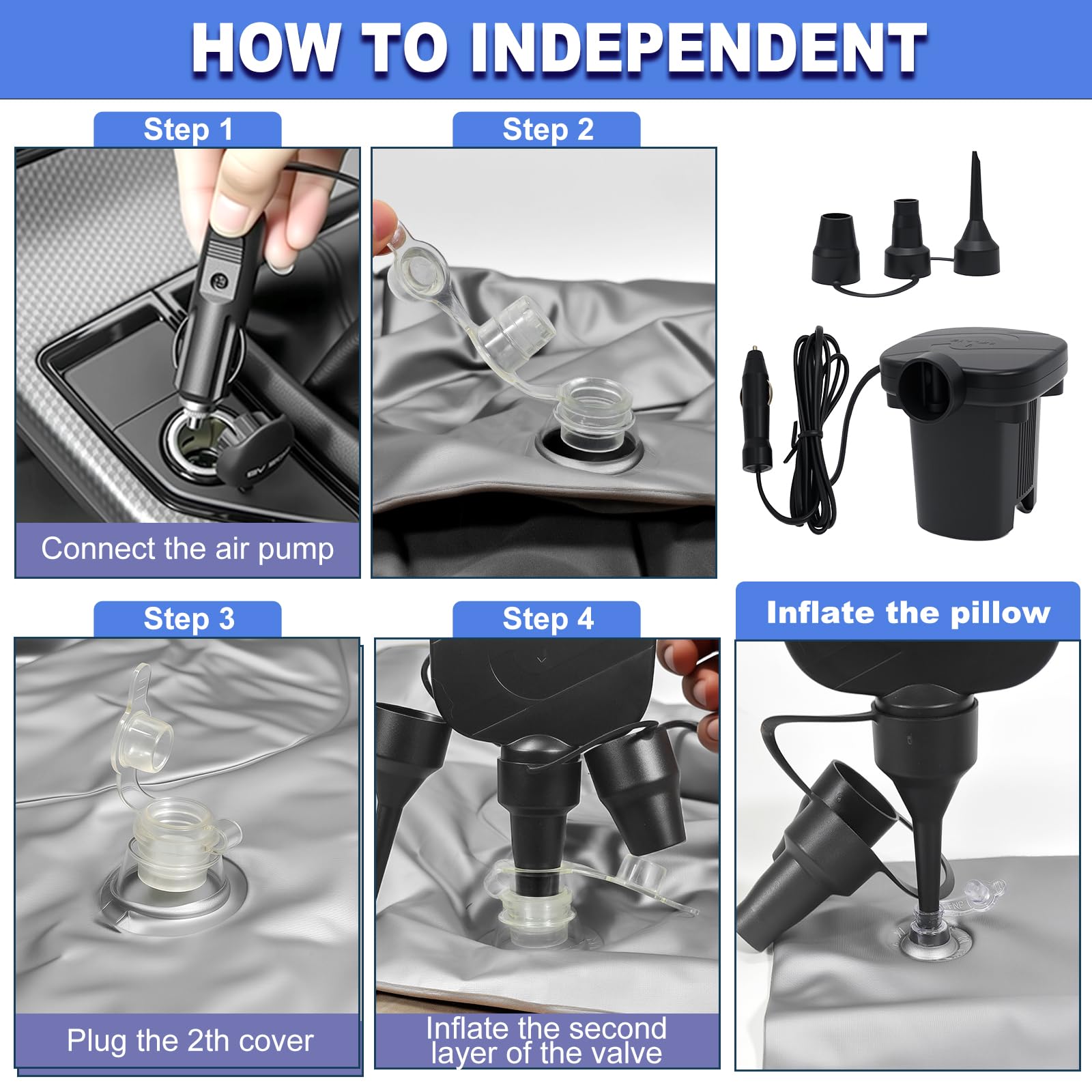 Colchón para Coche Hinchable Impermeable SUV con Bomba de Aire 12V y 3 Adaptadores Negro