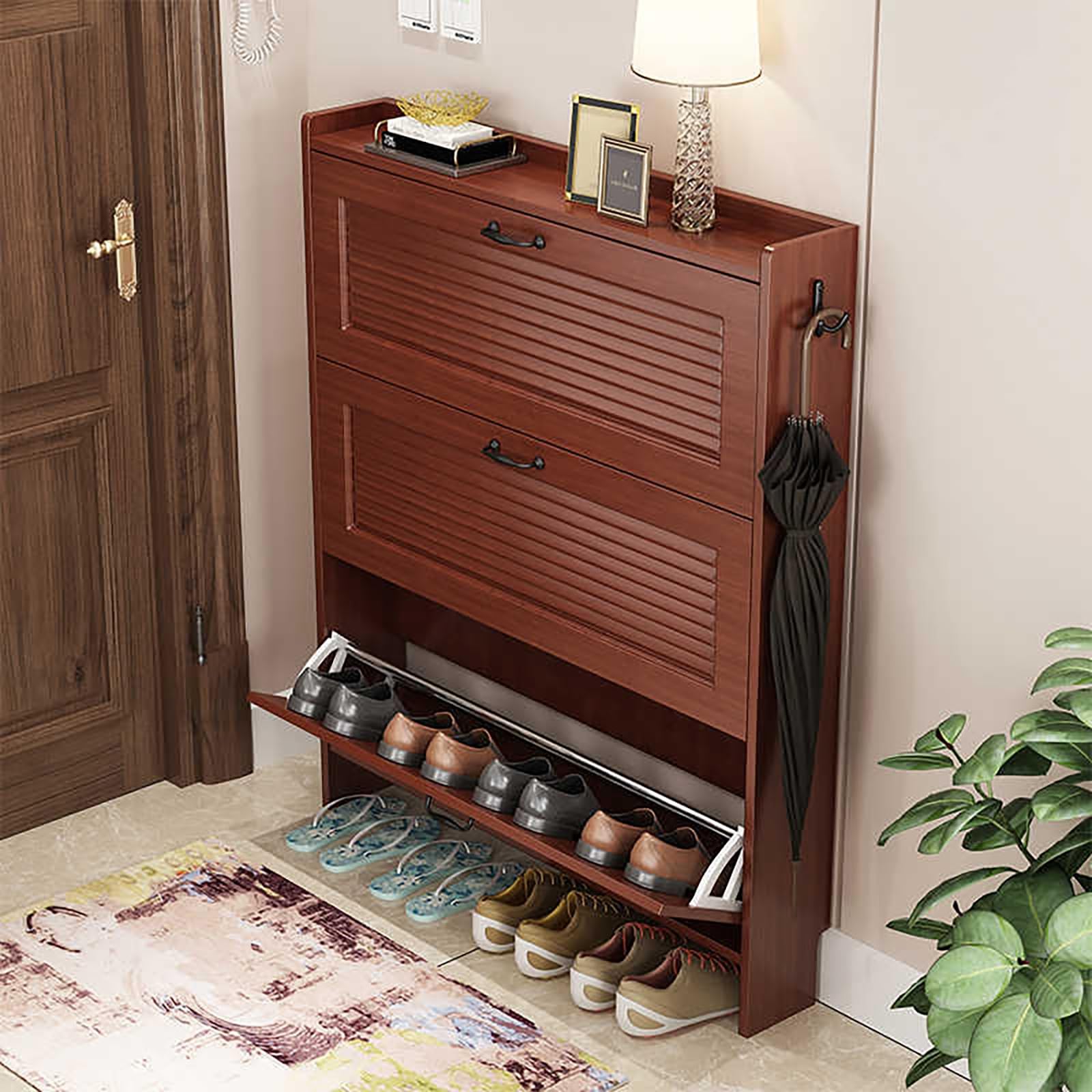 Mueble Zapatero Madera con Ganchos & Puertas Recibidores De Entrada Zapatero Estrecho Ahorra Espacio Diseño Minimalista para Almacenamiento De Zapatos (90 cm)