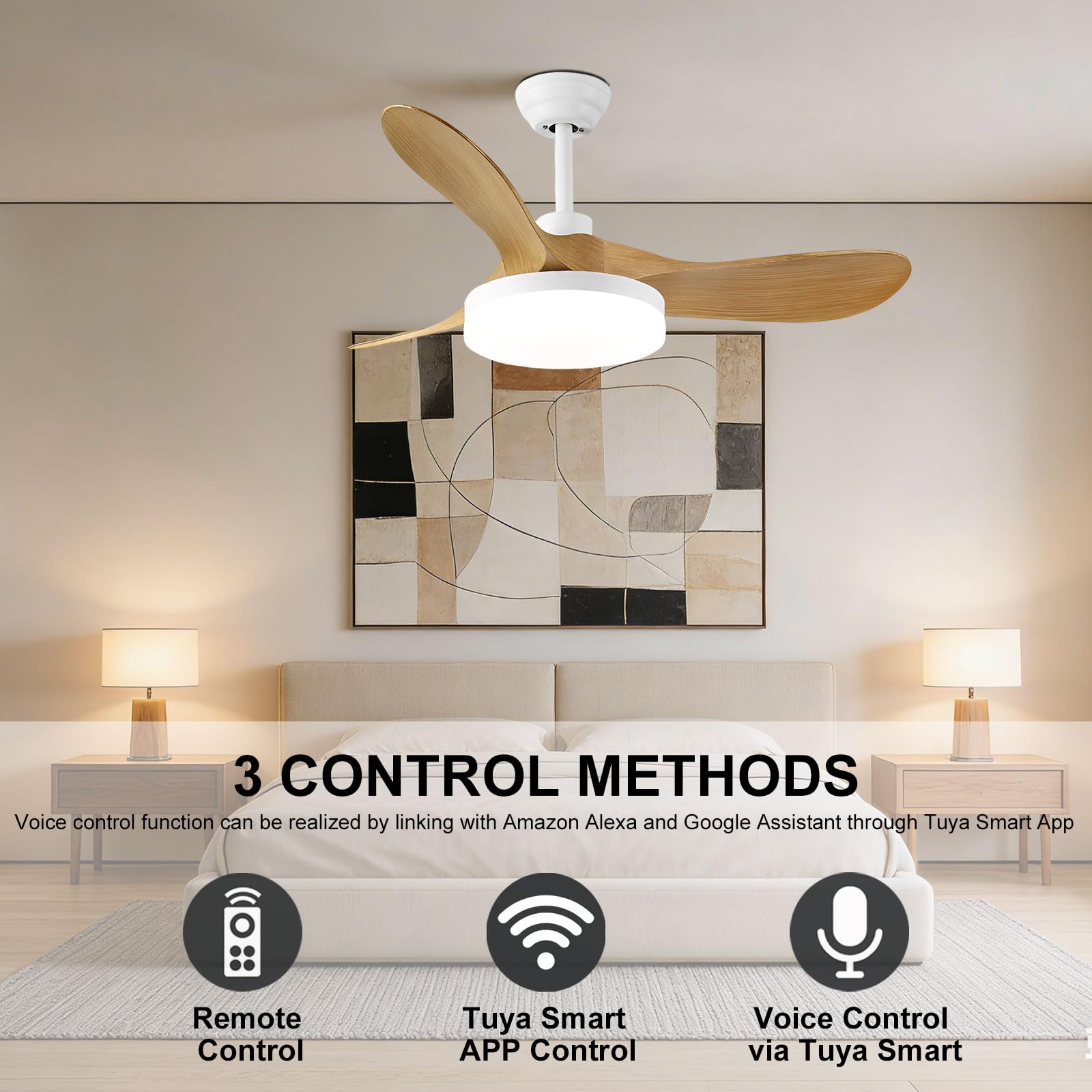 Ventilador de Techo Moderno Blanco con Detalles en Madera Clara, silencioso, con luz LED Regulable, Control Remoto Inteligente (por aplicación o Voz), 6 velocidades, Ideal para dor