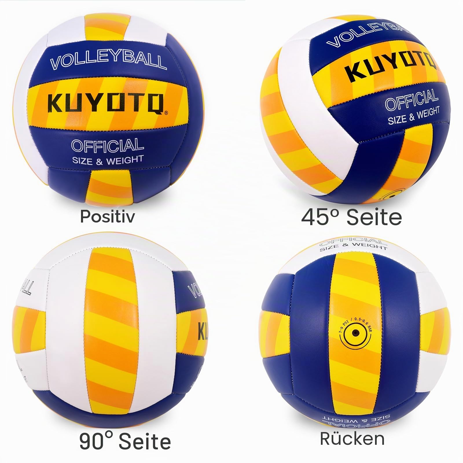KUYOTQ Beachvolleyball - Strandvolleyball Offizielle Größe 5, mit Klassischen Streifen in Gelb, Blau & Weiß - Weiche 3mm Oberfläche für Indoor & Outdoor, Jugendliche und Erwachsene