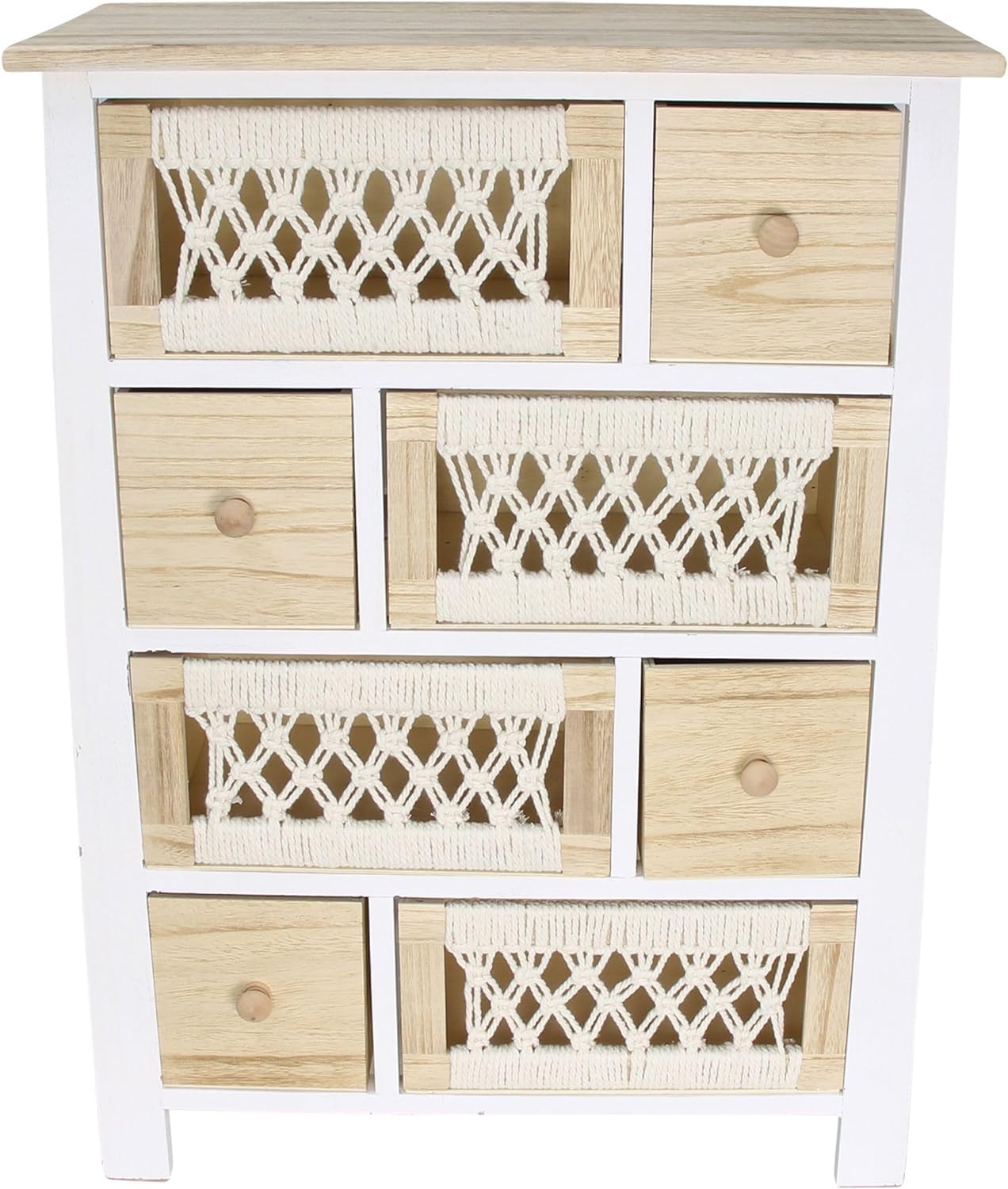 Dekoleidenschaft Kommode Makramee aus Holz & Textil, 56 x 77 cm, 8 Schubladen, Schubladenkommode Boho Chic, Holzkommode, Schubladenschrank, Flurkommode, Nachtkommode, Nacht-Schränkchen, Flurschrank