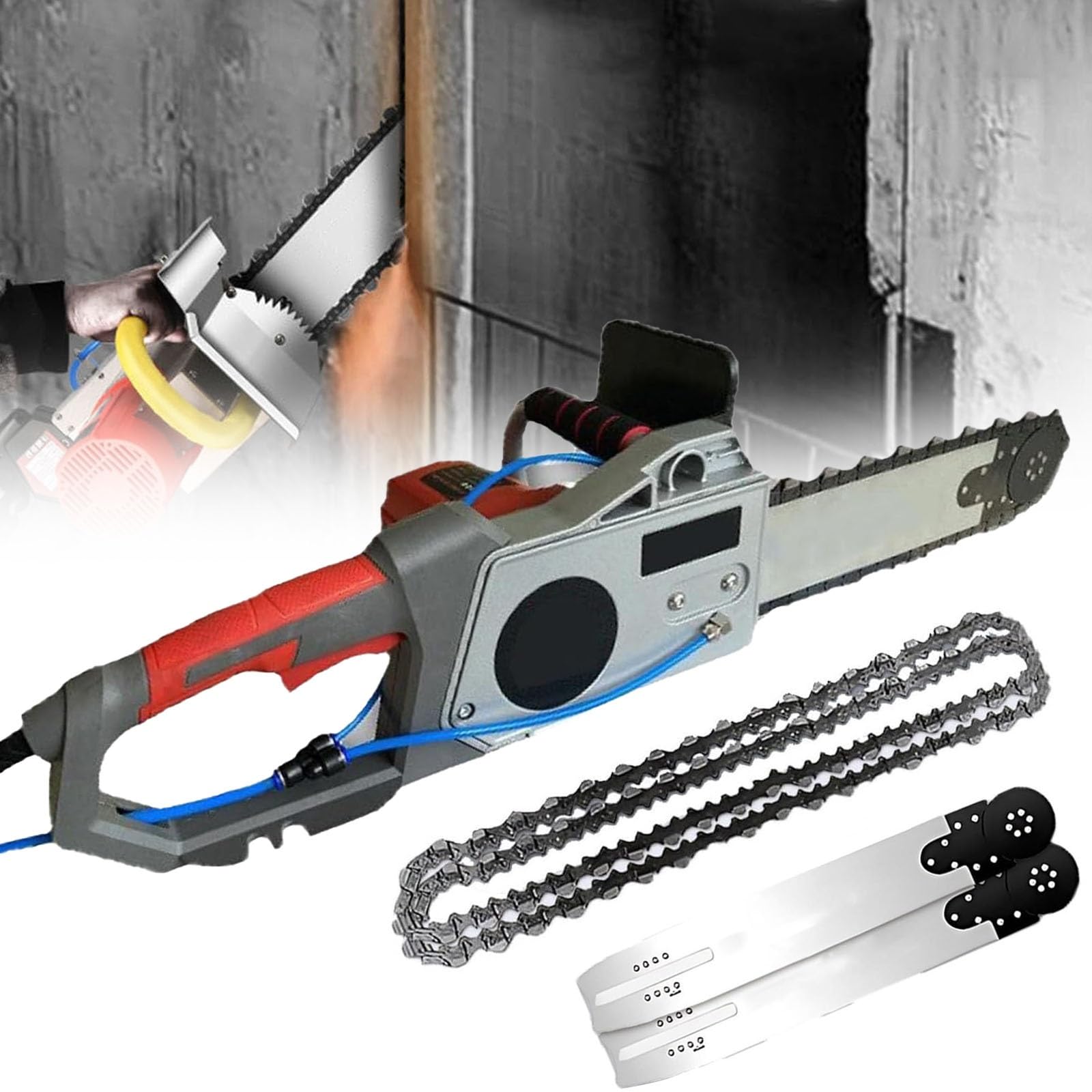 Cortador de cadena eléctrico para hormigón, granito, mármol, 2 cadenas y 2 guías, profundidad de corte de 35/48 mm, suministro automático de agua, 6000 rpm, máquina de corte de pared manual