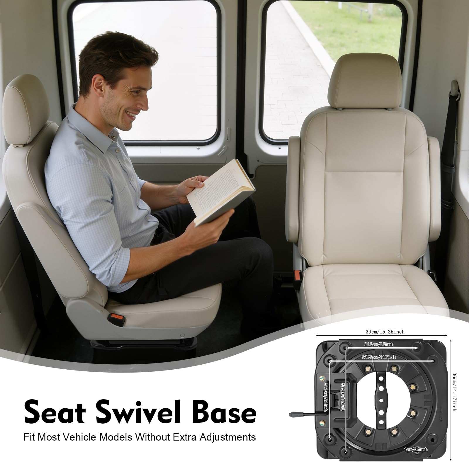 Consola giratoria, asiento giratorio, adaptador giratorio, base de acero ajustable, rotación de 360°, para autocaravana, furgoneta, autobús, construcción robusta, capacidad de carga de 130 kg, 35,8 x