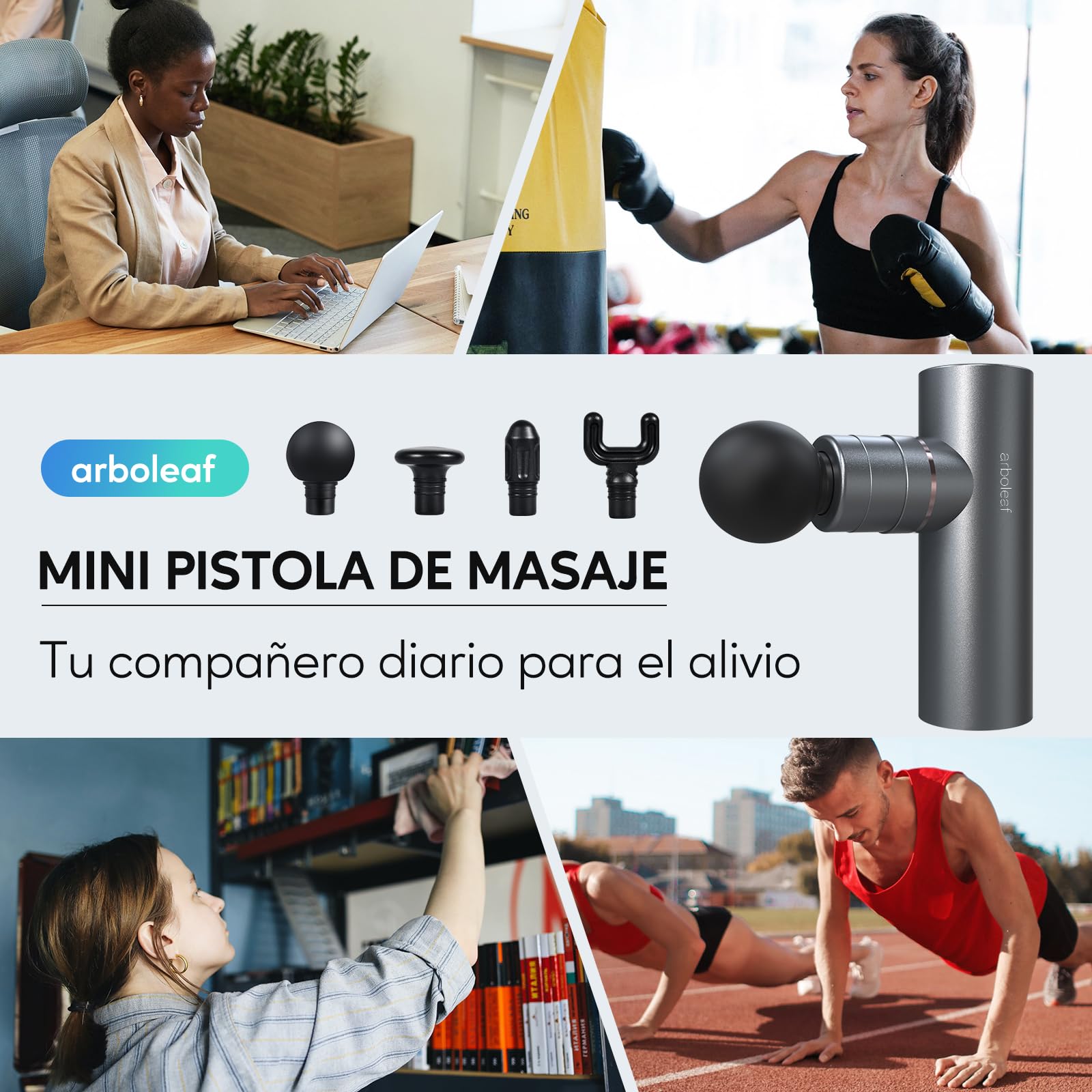 arboleaf Pistola de Masaje Muscular Mini, Pistola Masaje Muscular Eléctrica 5 Velocidades 4 Cabezal de Silicona, 0,47kg Massage Gun 3200rpm Bajo Ruido, 2000mAhx3 Baterías Tipo-C Carga, Gris