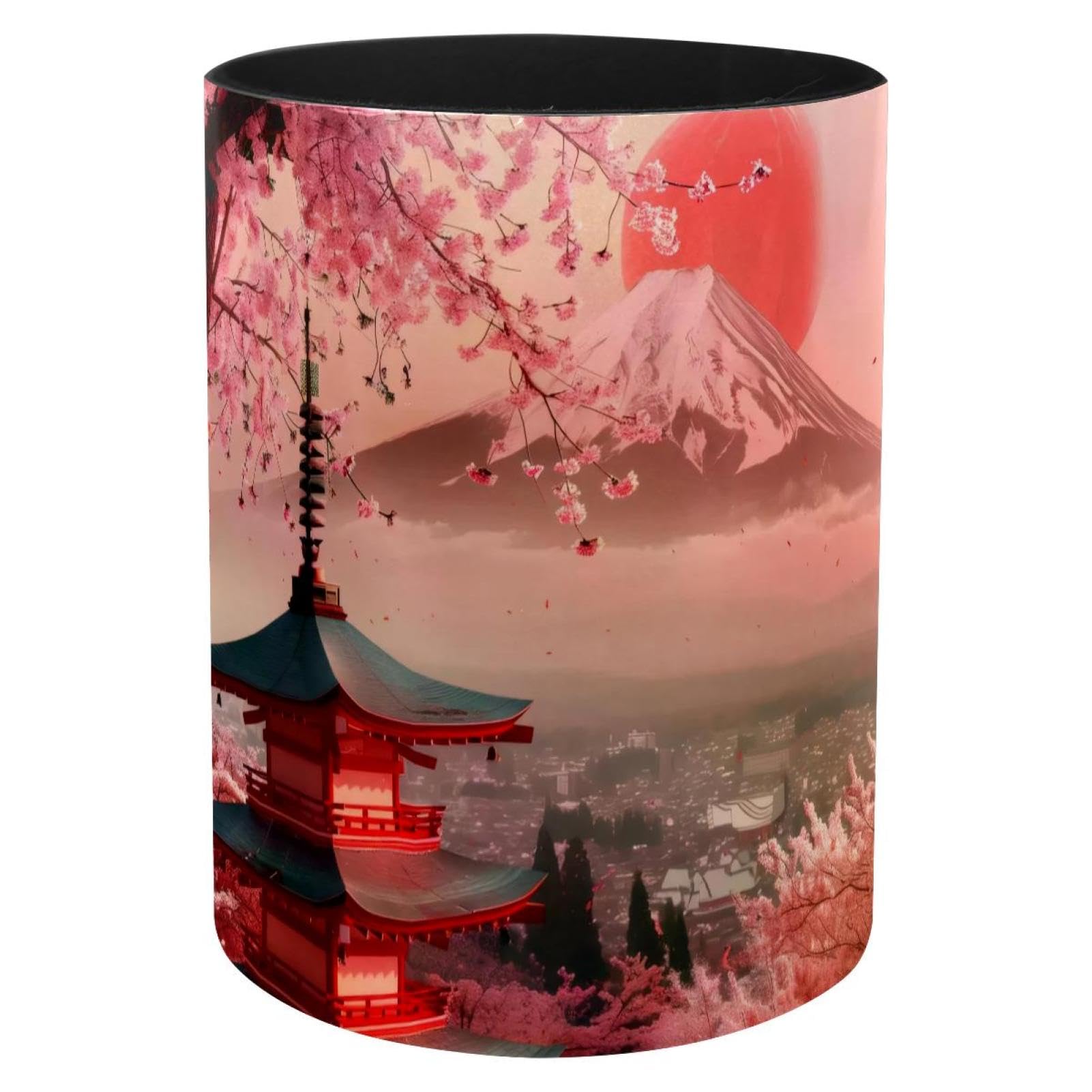 VAPOKF Japanese Fuji Mount Cherry Blossom Landscape Pen Holder for Desk, PU Leather Pen Pot Pencil Holders Makeup Brushes Storage Desktop Stationary Supplies Organiser for Home Office