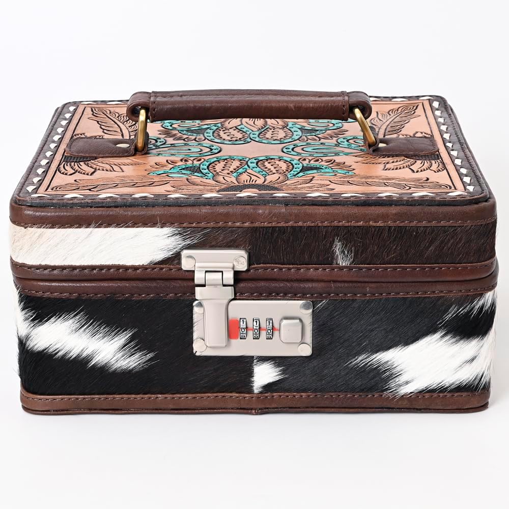 American Darling Jewelry Case for Women - Hand Tooled Floral Carved Genuine Leather Travel Organizer with Top Handle