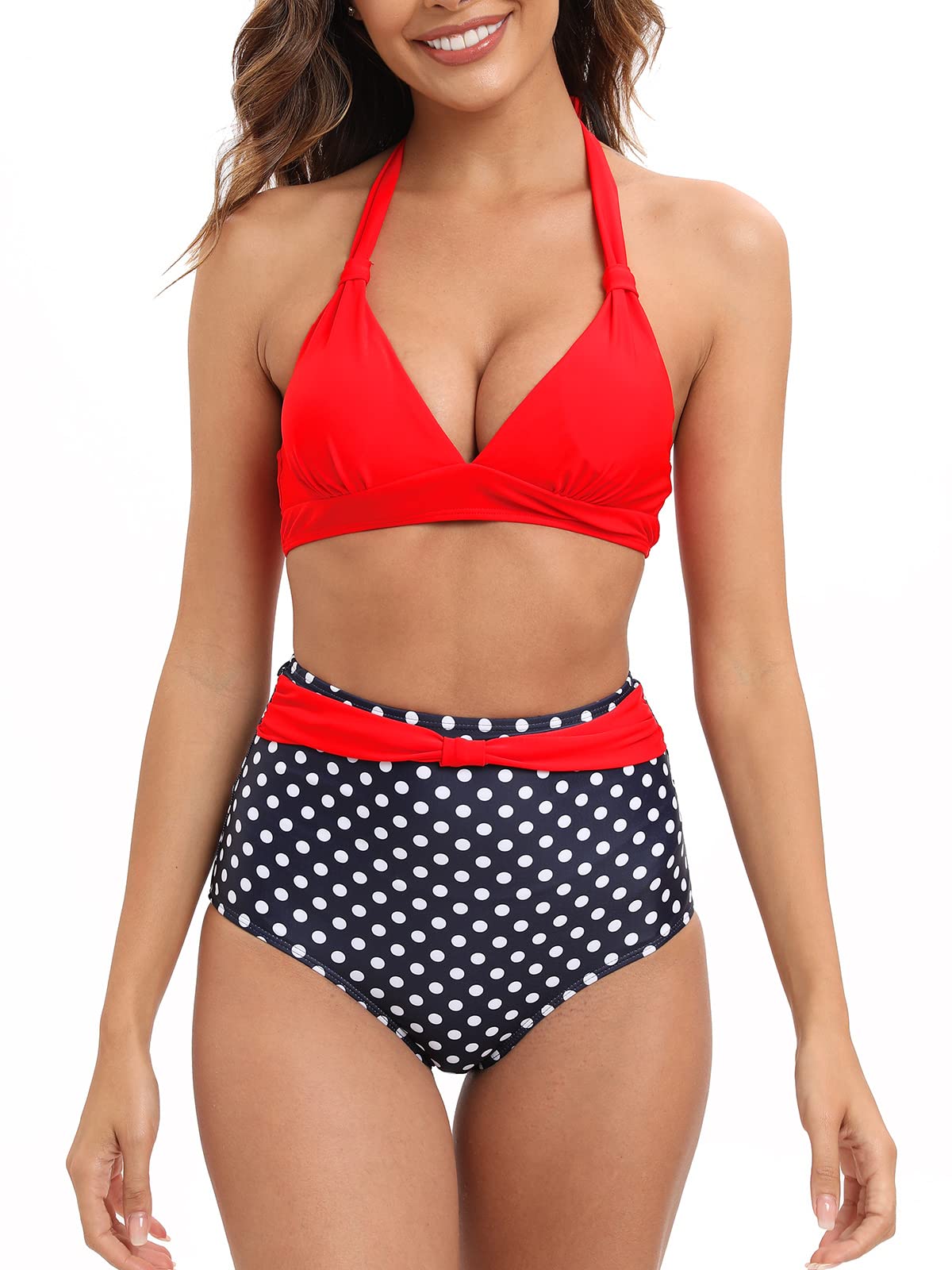 SEAFORMWomen Two Piece Swimsuit Retro Halter High Waist Bikini Tummy Control Bathing Suits Lace-up Ruched Vintage Swimwear