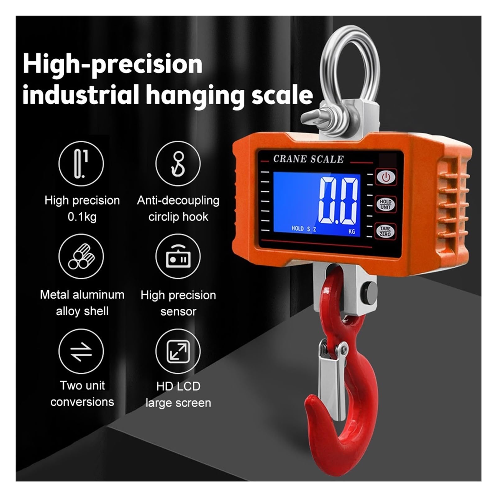 Crane Scale, Digital Crane Scale 1000kg 2204lbs LCD Backlight Portable Heavy Industrial Hanging Hook Scales Rechargeable with Remote Control,Convenient Operation(Black)