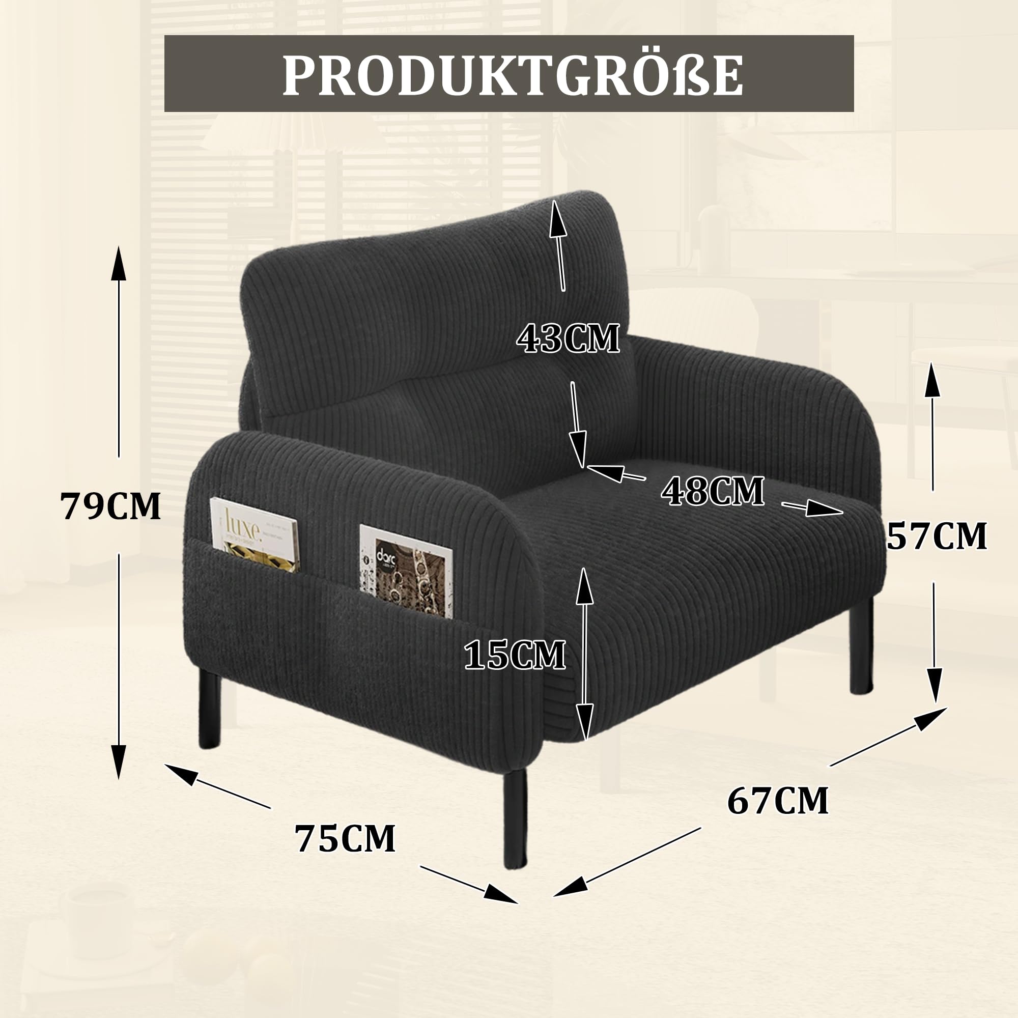 Poltrona moderna per soggiorno, imbottita con tasche laterali, comoda poltrona da lettura con rivestimento in velluto a coste e piedini in metallo, per soggiorno, camera da letto, ufficio