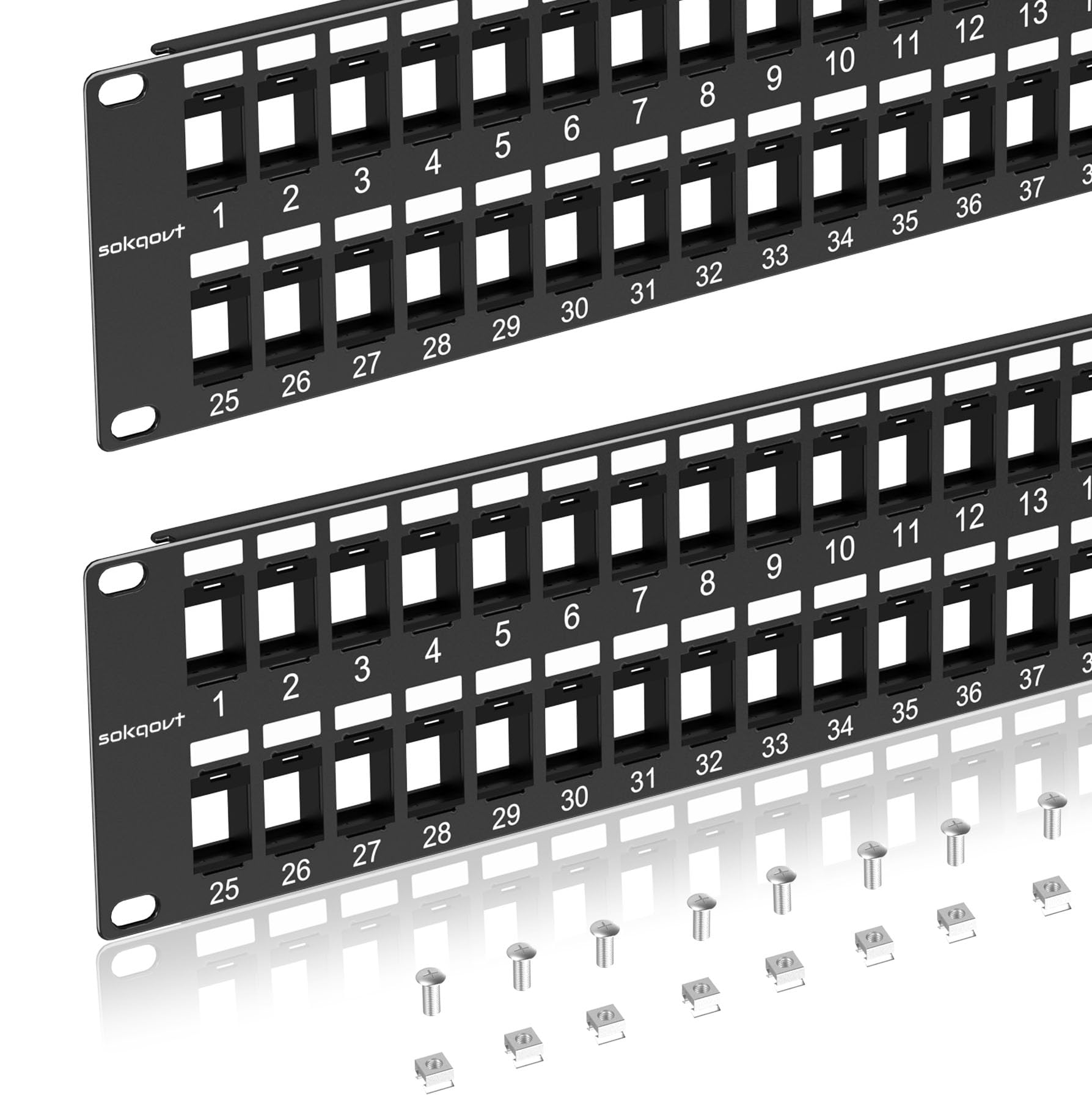 Sokqovt 48 Port Blank Keystone Patch Panel with Snap-in Design (2 Pack), Cat6 Network Patch Panel 2U 19 inch, Rack Mount Ethernet Patch Panel (for