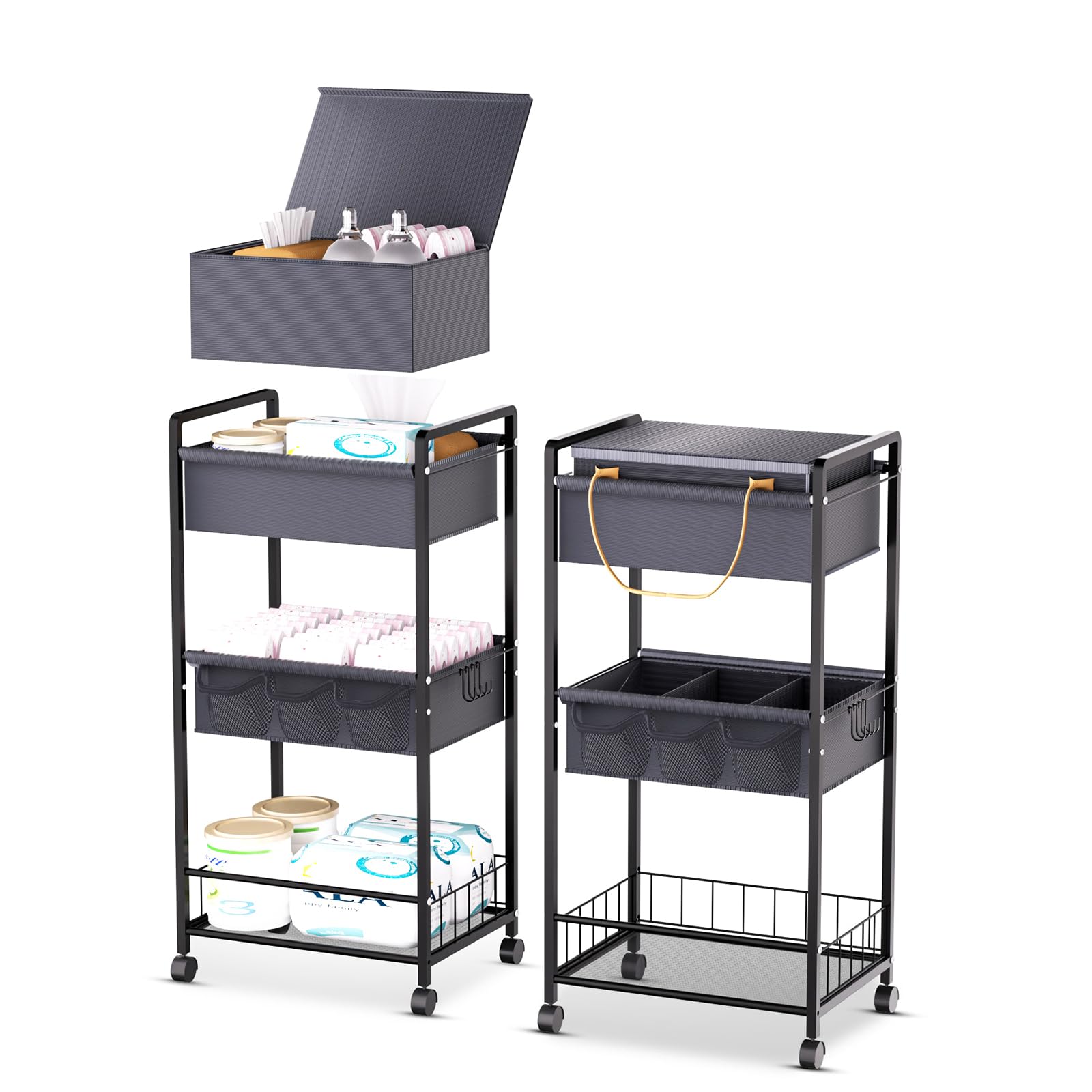 Baby Diaper Caddy 2In1, 3-Tier Rolling Diaper Cart, Large Capacity Diaper Caddy Organizer Cart with Dividers, Mobile Metal Utility Cart, Detachable Bedside Cart, for Nursery Essentials, Shower Gift.-image-39