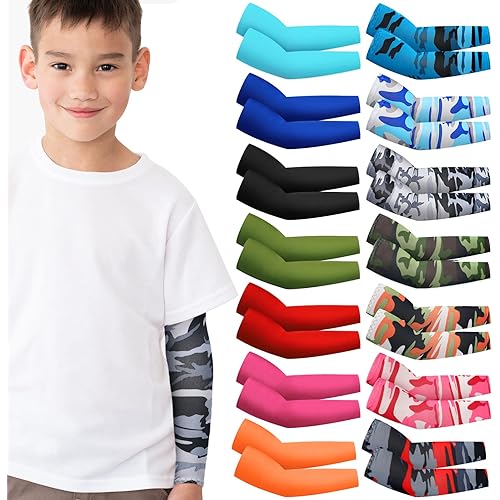 Mepase 14 Pairs Arm Sleeves for Kids UV Sun Protection Cooling Arm Compression Cover Boy Girl Toddler Sport Football