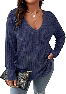 Gemulate Plus Size Jumpers for Women Long Sleeve Tops Casual Ladies Loose V Neck Lightweight Sweatshirts Sweater (XL-5XL)